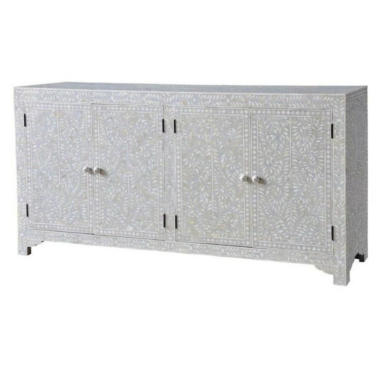 Handmade Grey Bone Inlay Floral Design Sideboard with 4 Doors - Vintage Boho Cabinet for Dining Room, Living Room & Entryway Storage