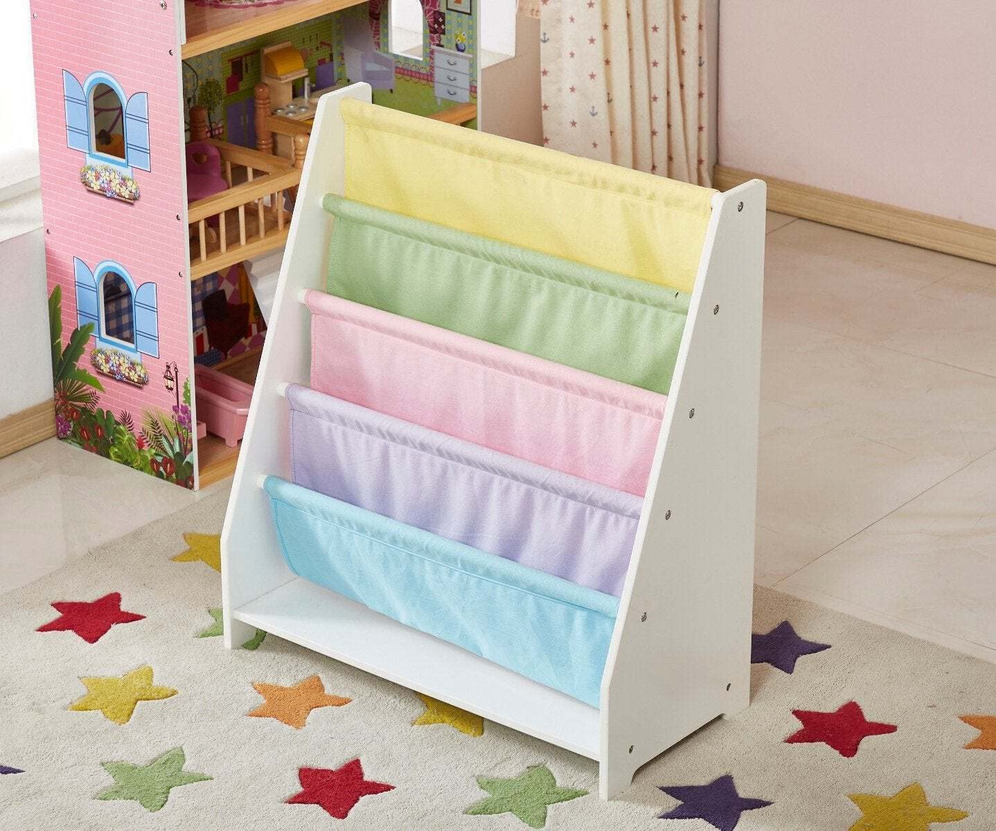 White Wooden Kids Canvas Sling Bookcase - Adjustable Bookshelf for Nursery, Playroom & Classroom - Perfect for Organizing Children's Books, Toys & Magazines