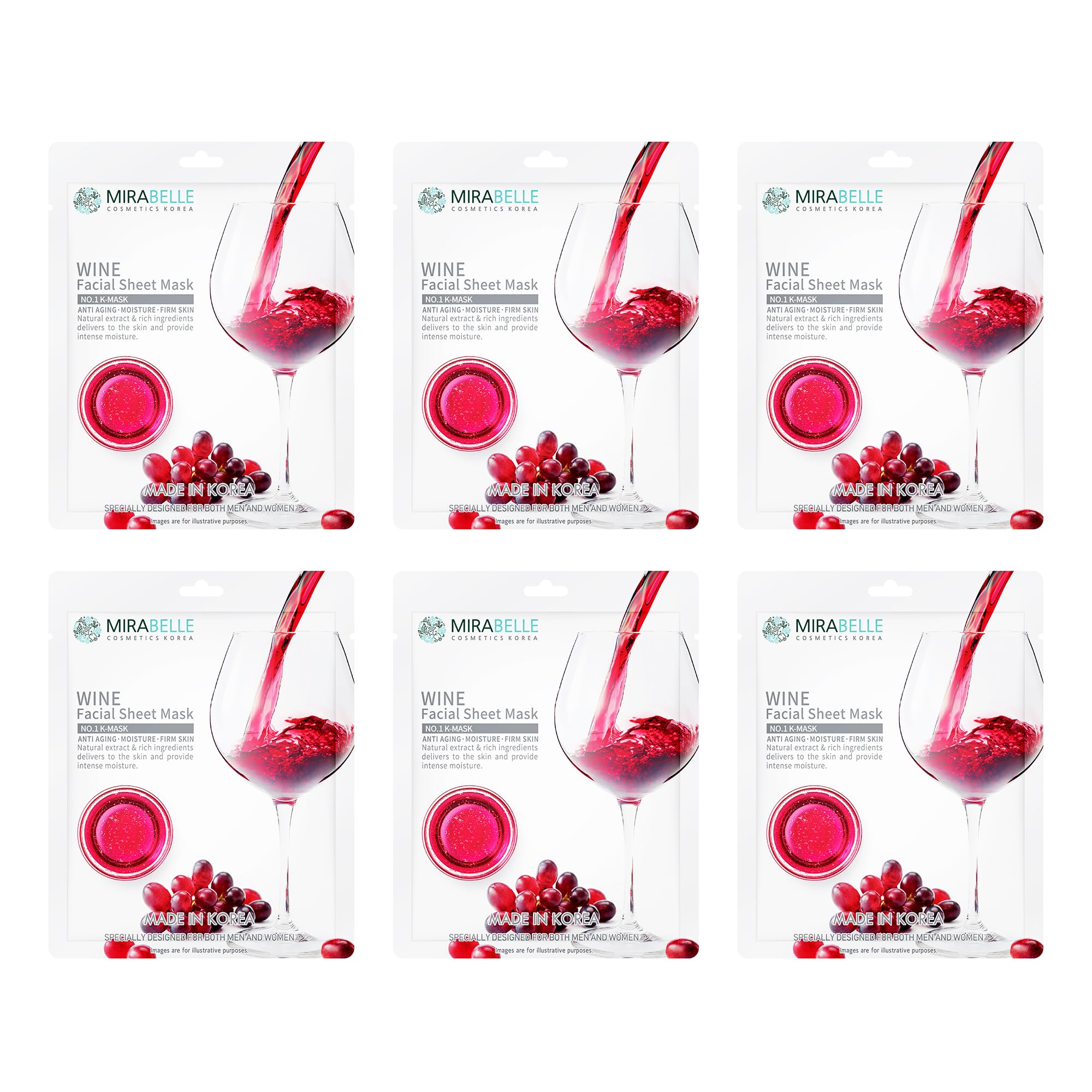 Mirabelle Wine Face Sheet Mask - Anti-Aging Korean Skincare for Glowing Skin | Hydrating Facial Mask for Women & Men | 6-Pack (25ml Each) | Perfect for Spa Night, Self-Care Routine & Gift Giving