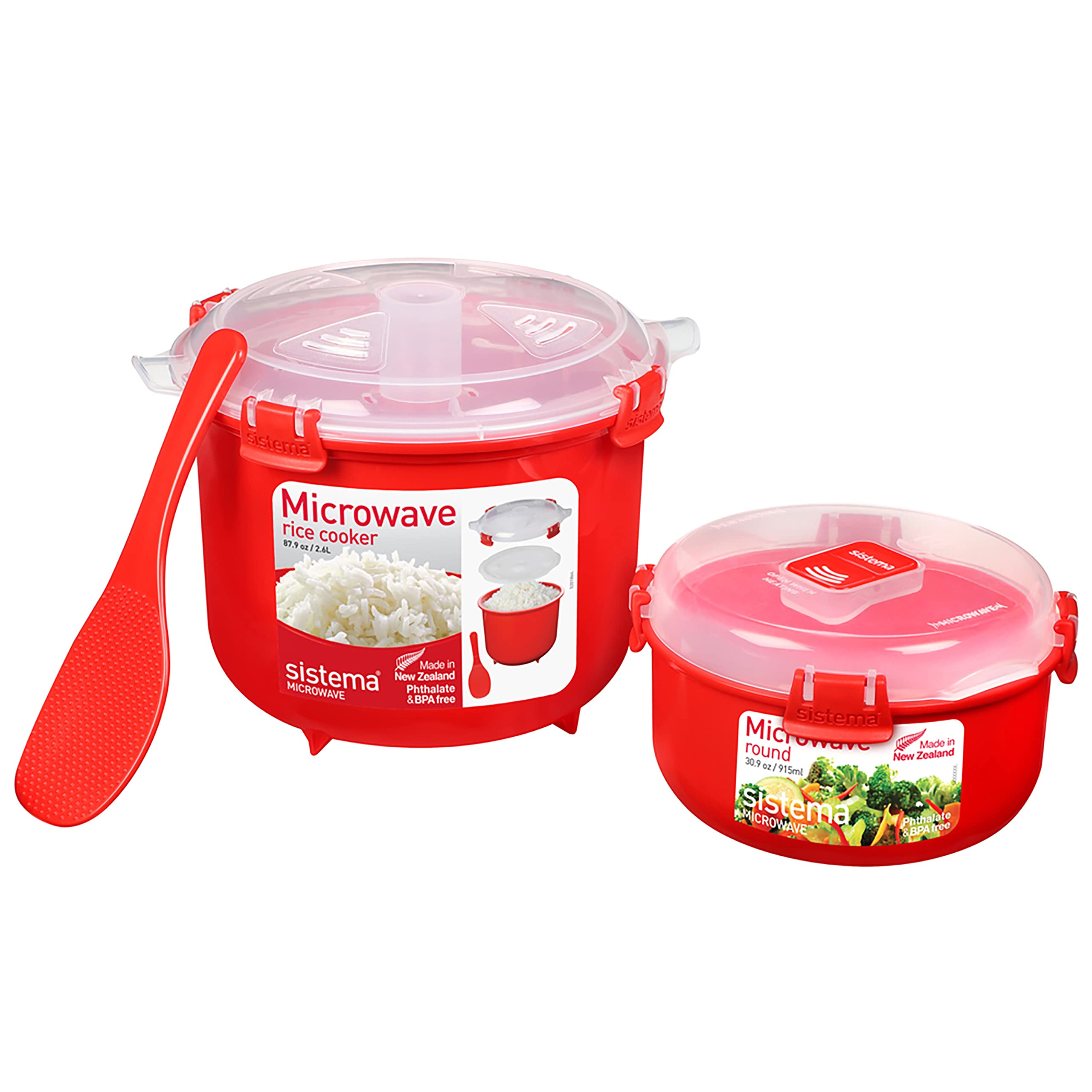 Sistema Microwave Rice Cooker & Steamer Bowl - BPA-Free Plastic Food Container with Steam Vent for Perfect Rice, Vegetables & Meal Prep - Dishwasher Safe, Red - Ideal for Dorm, Office & Quick Home Cooking