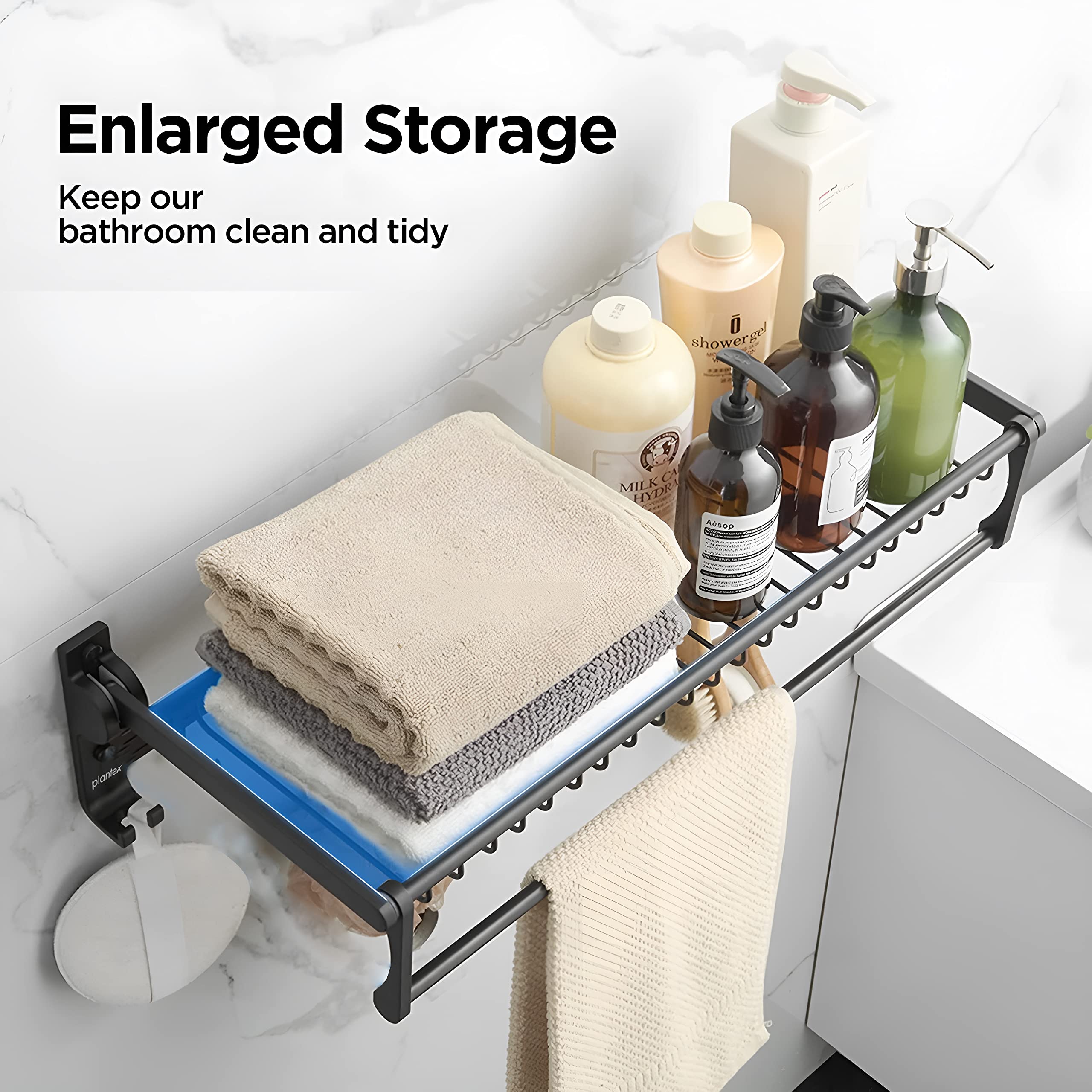 Plantex Aluminum Towel Rack with Hooks - Black Bathroom Organizer for Towels, Robes & Accessories | Space-Saving Wall Mounted Storage Solution for Bathrooms, Laundry Rooms & Kitchens