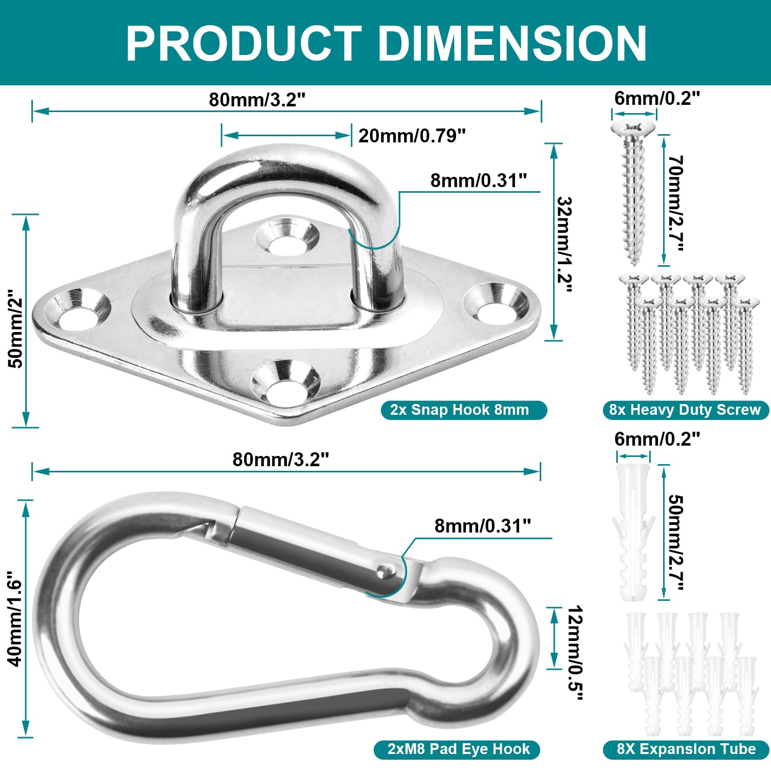 Heavy Duty Hammock Hanging Kit - 1000 lb Capacity Swing Hooks, Stainless Steel Ceiling & Wall Mount Hooks for Indoor/Outdoor Use - Perfect for Hammocks, Swings, and Porch Decor (Medium)