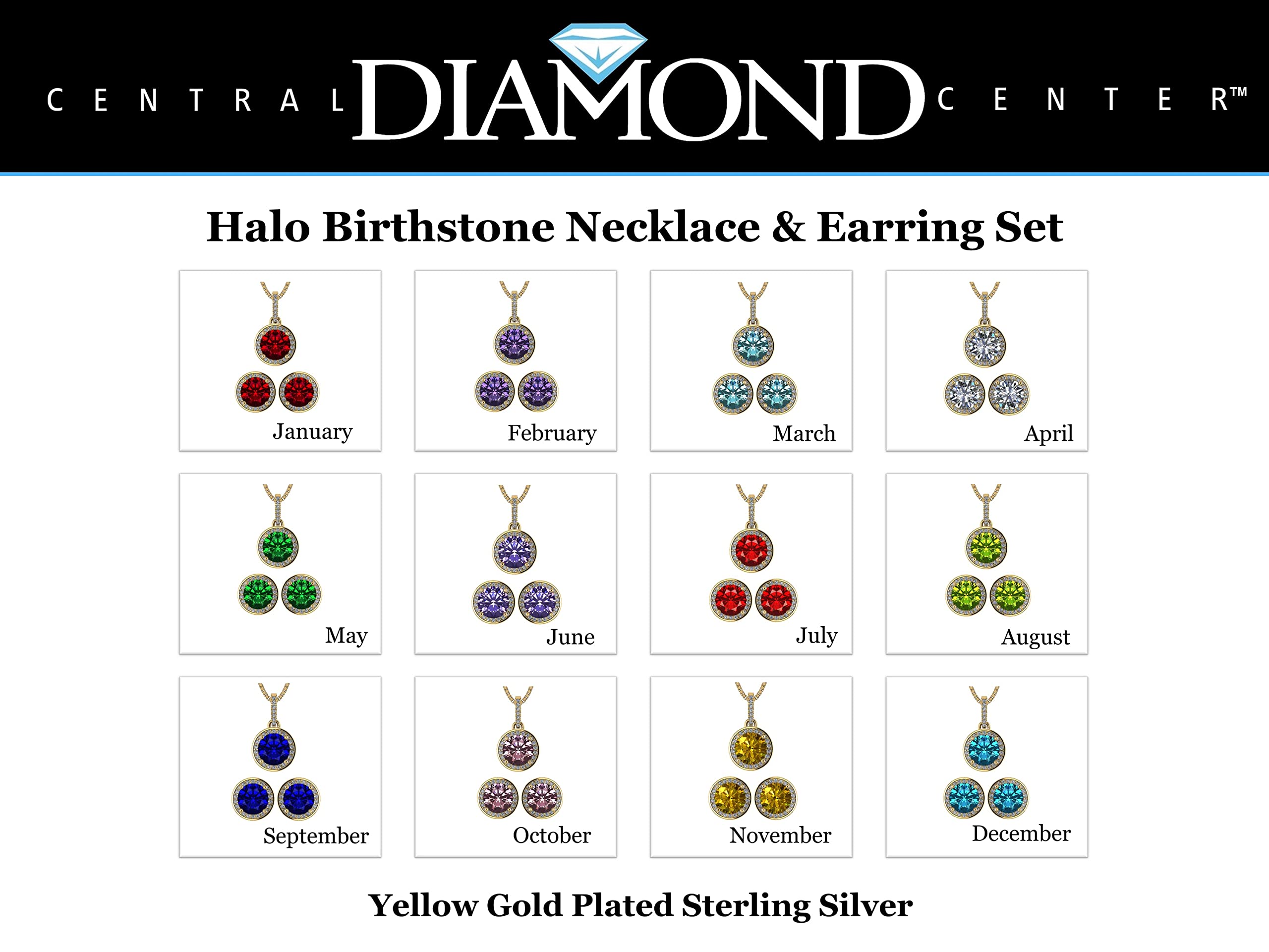 Central Diamond Round Halo Earrings & Necklace Set - 6.5mm Simulated Birthstones in 925 Sterling Silver, Hypoallergenic Jewelry for Women - Perfect for Birthdays, Anniversaries & Special Occasions