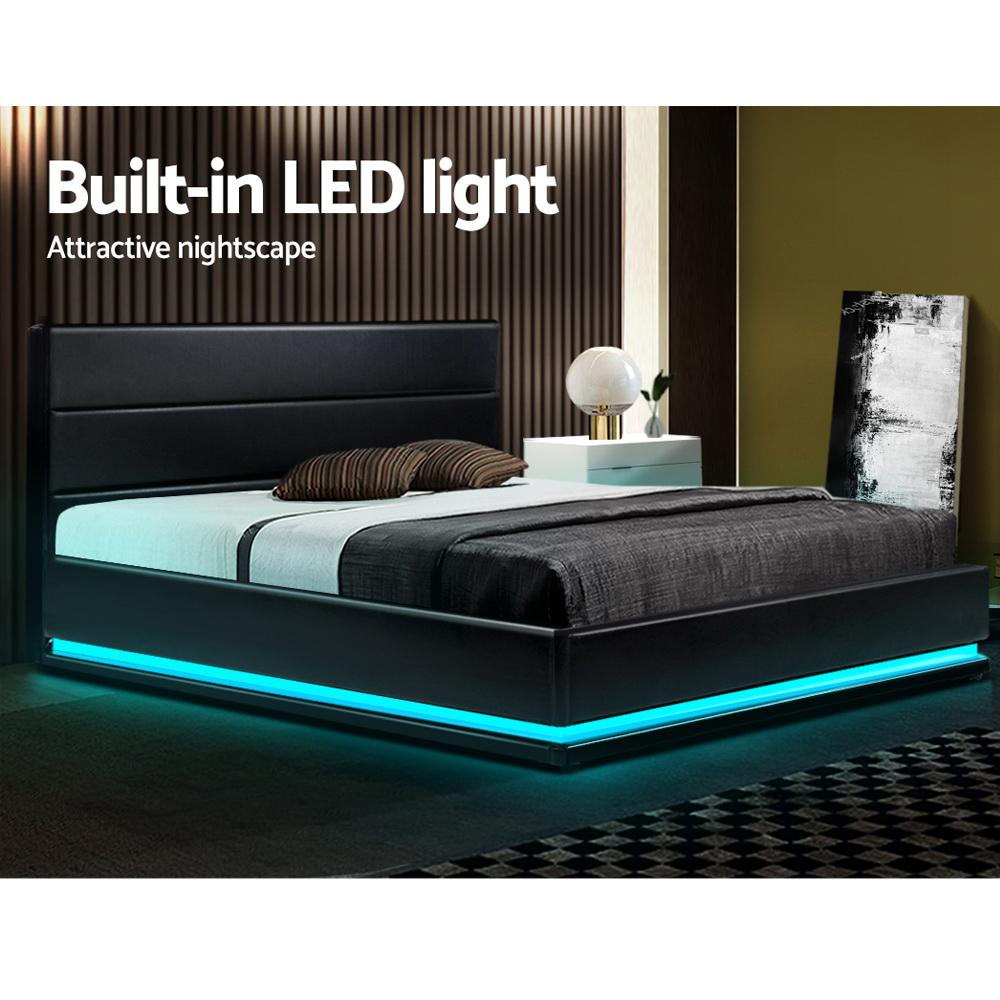 Premium Henley LED Bed Frame in Black with Luna Series Euro Top Medium Firm Mattress & Bamboo Mattress Topper - Complete Bed Set for Modern Bedrooms, Guest Rooms & Dormitories