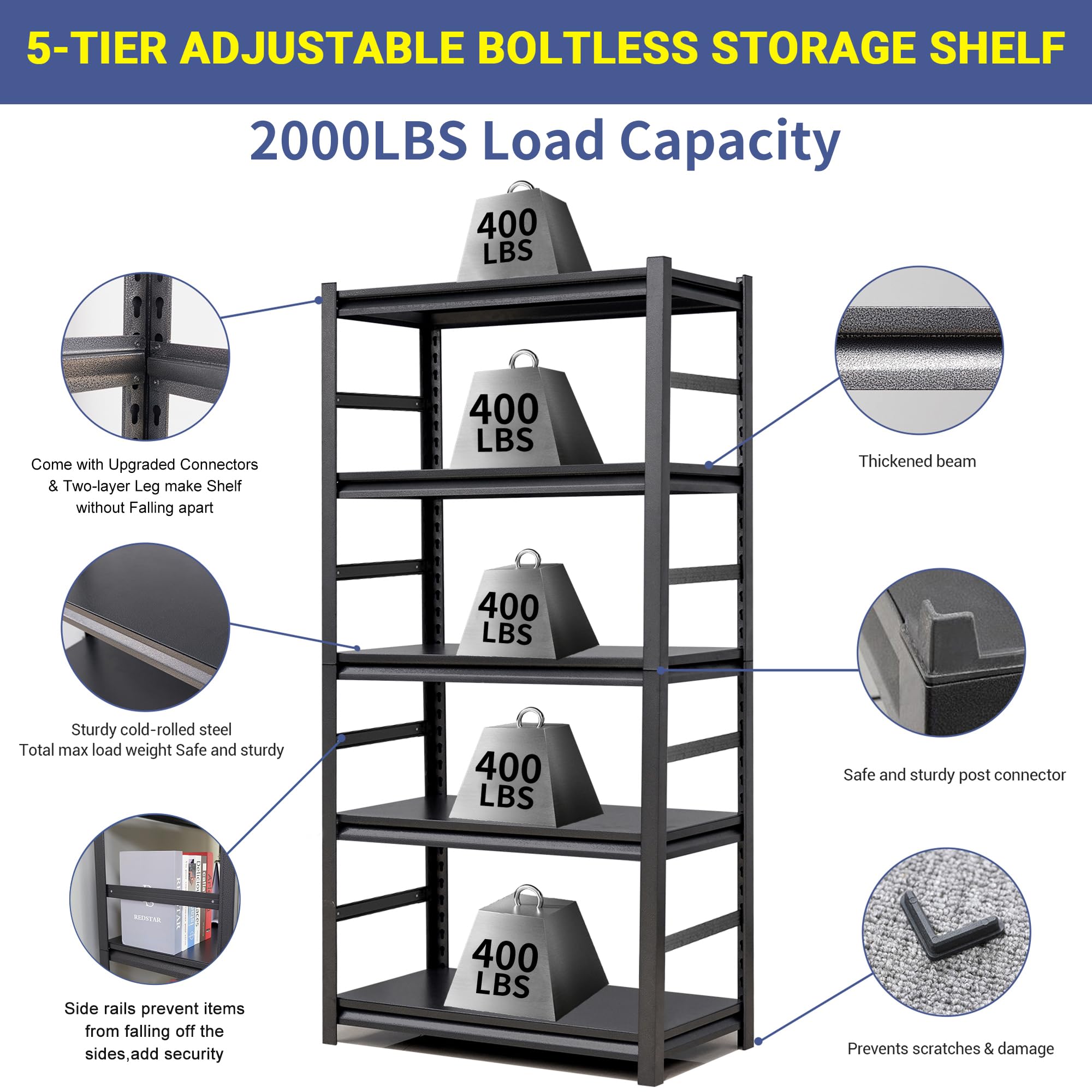 Heavy Duty 5-Tier Metal Storage Shelf - Adjustable Garage Shelves for Kitchen, Warehouse & Basement - 2500LBS Capacity, 72