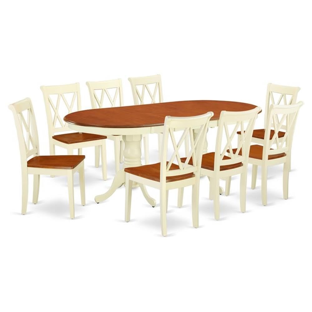 East West Furniture Oval Dining Table Set with 18 Leaf Extension & Double X Back Chairs - 9 Piece Asian Hardwood Dining Set in Buttermilk and Cherry Finish - Perfect for Family Gatherings, Dinner Parties & Formal Dining Rooms