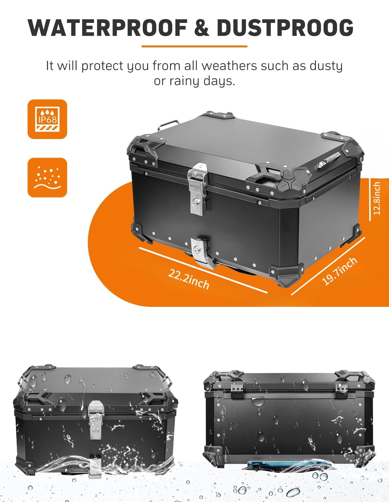 100L Waterproof Aluminum Motorcycle Top Case - Universal Motorcycle Luggage Trunk with Bracket Base Plate for Helmet & Storage | Durable Motorcycle Accessories for Touring, Commuting & Road Trips (Black)