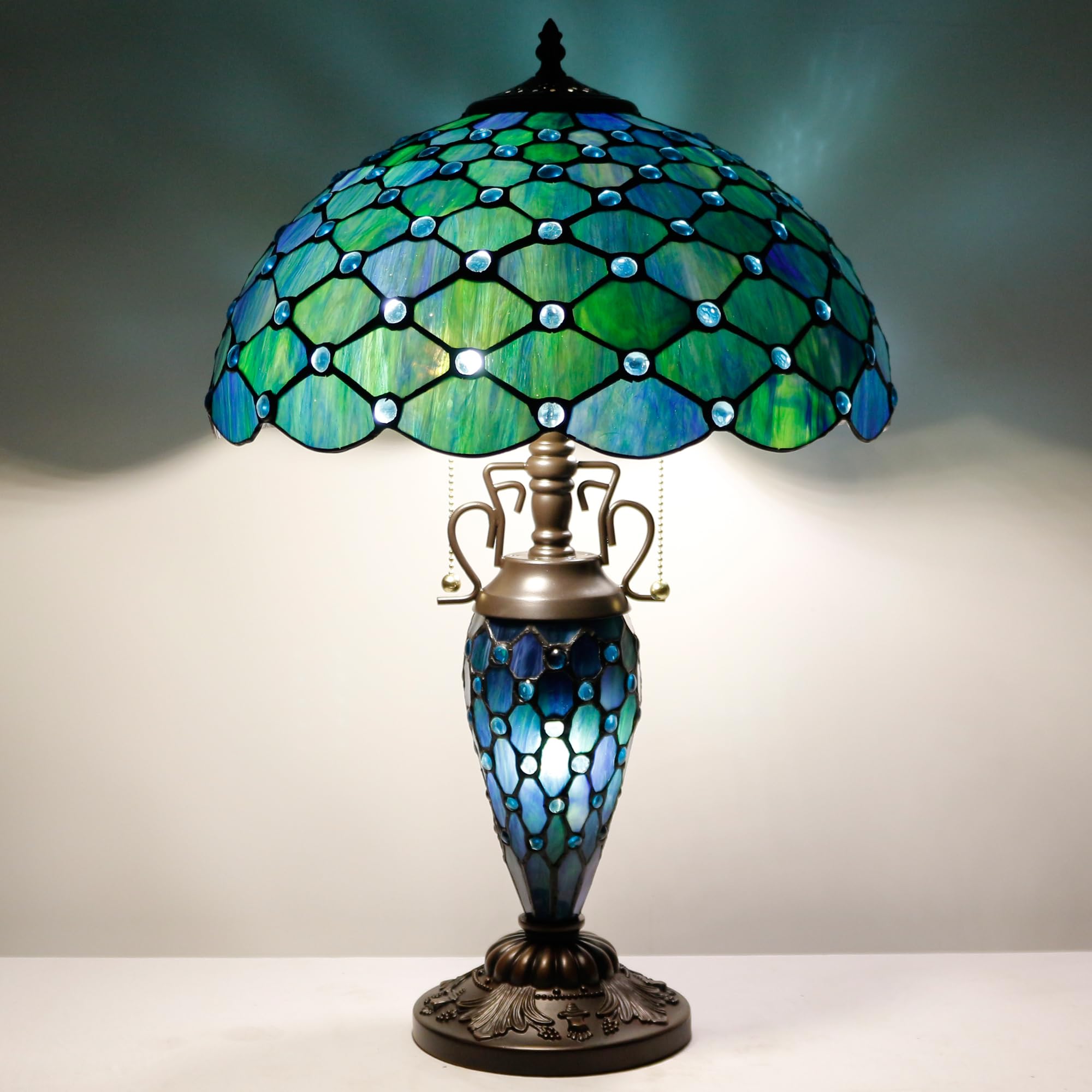 Tiffany Stained Glass Table Lamp - 16x16x24 Inch Antique Reading Lamp with Night Light, Sea Blue Pearl - Perfect for Living Room, Bedroom, and Office Decor