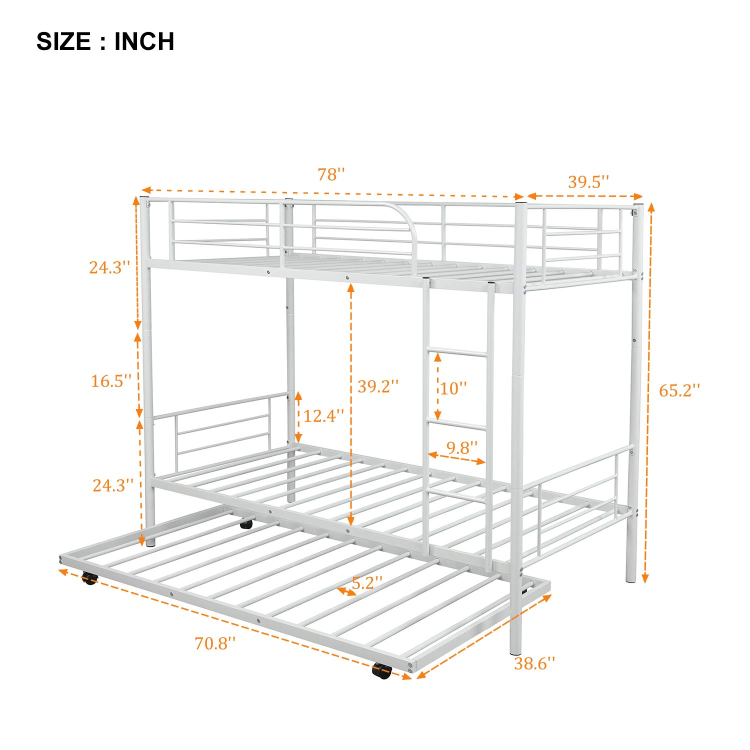 Harper & Bright Designs Twin Over Twin Metal Bunk Bed with Trundle - Convertible to 2 Separate Beds - White - Space Saving Kids Bedroom Furniture for Small Rooms & Sleepovers