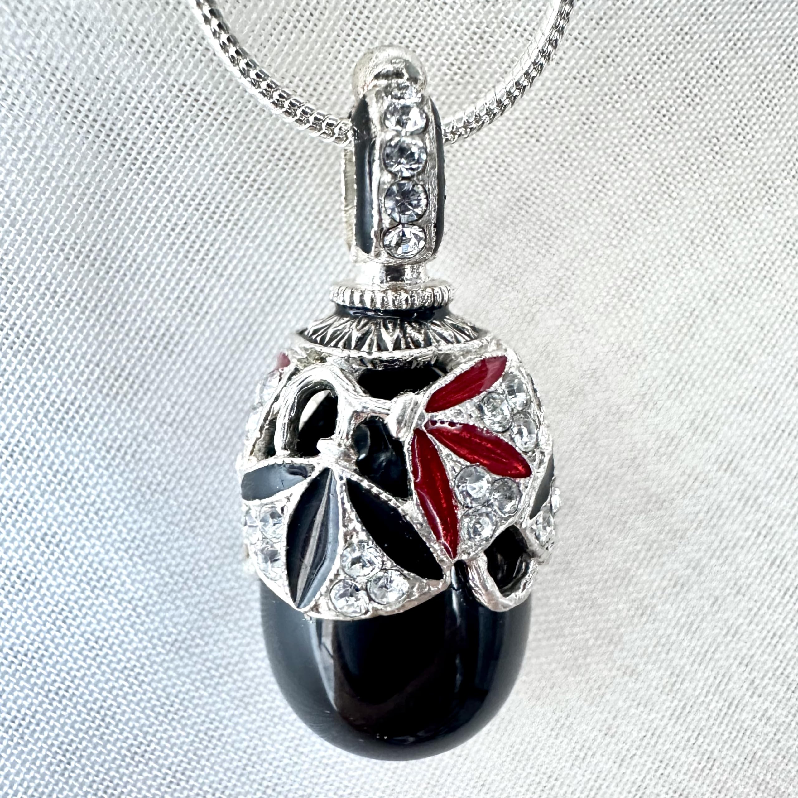 Elegant Sterling Silver Black Onyx Necklace with Egg Pendant & Crystal Enamel - 24 Inch Chain for Women | Perfect for Gifts, Parties & Special Occasions