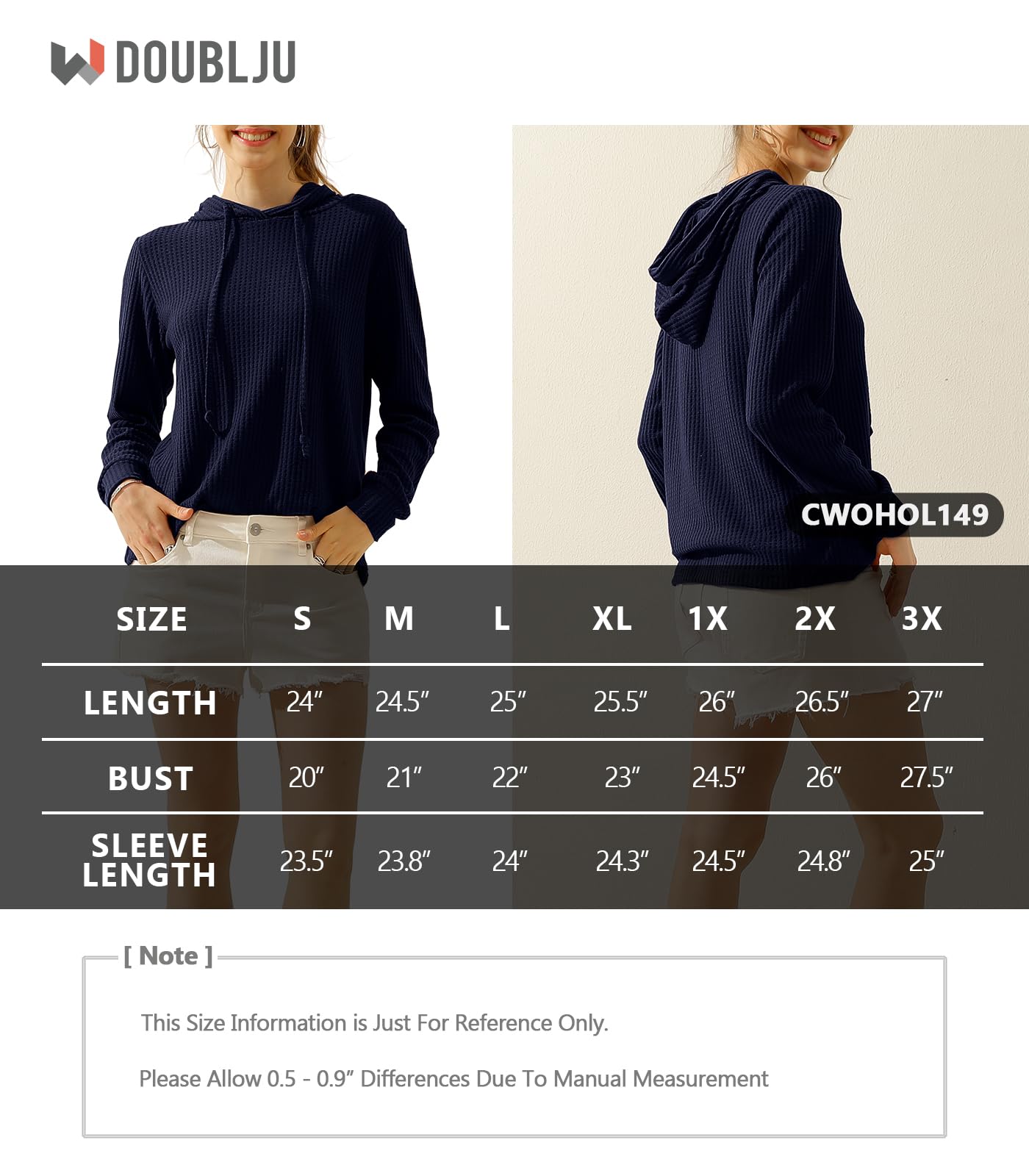 DOUBLJU 2 Pack Women's Casual Long Sleeve Oversized Hoodies - Waffle Knit Sweatshirts, Basic Hooded Loose Tops for Workout, Lounge & Everyday Wear