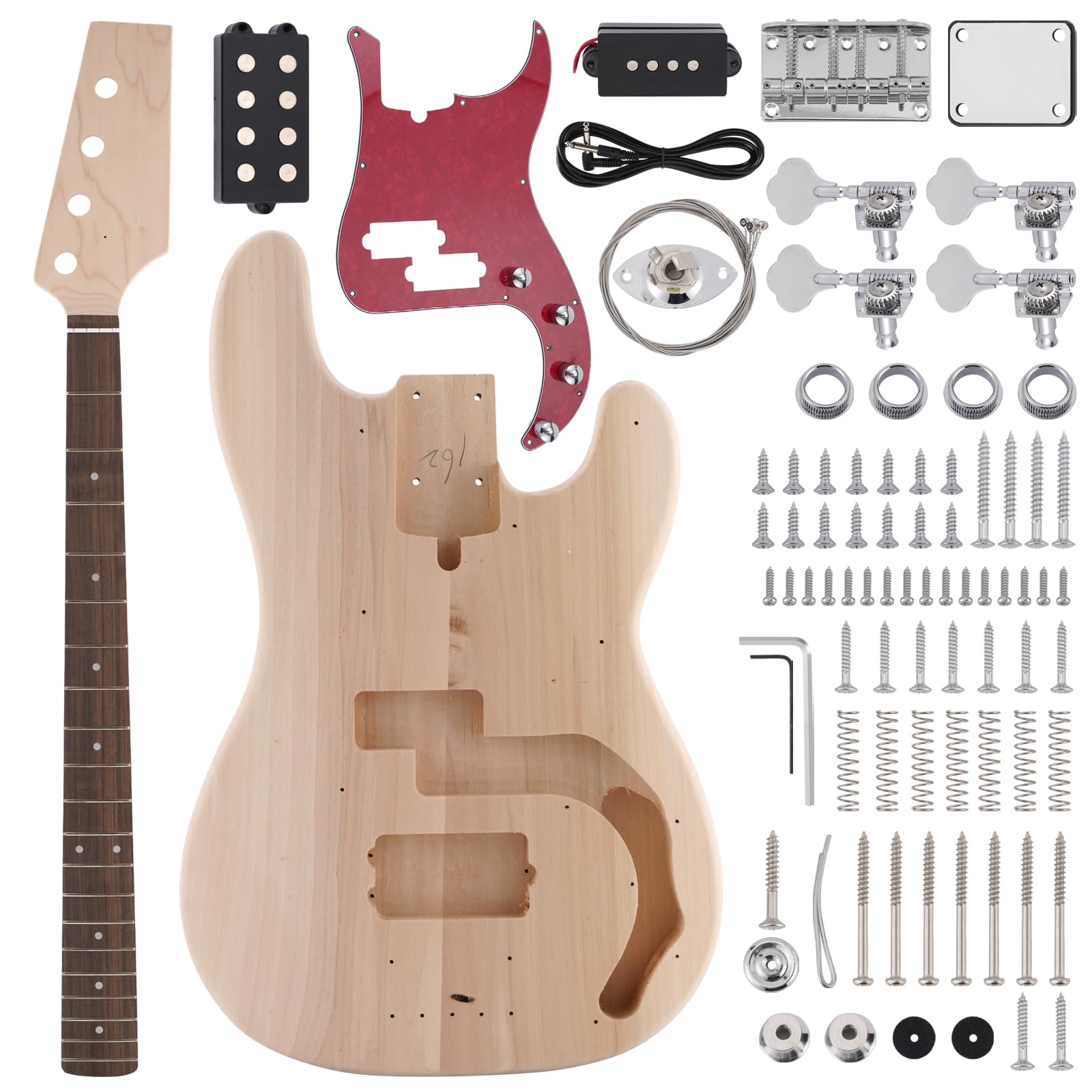 ZEFF DIY Electric Bass Guitar Kit - Basswood Body, Maple Neck & Rosewood Fingerboard (Right-Handed) with H Pickups - Complete All-Accessories Included & Adjustable - Perfect for Beginners, Home Studio Recording & Live Performances