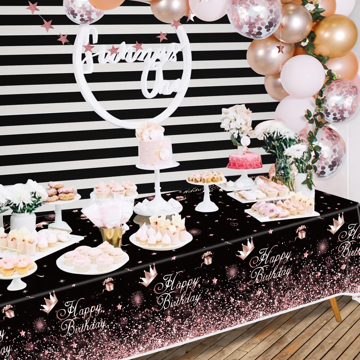 Black Rose Gold Plastic Tablecloth (Pack of 4) - 86 x 51 Inch Disposable Party Table Cover for Birthday, Wedding, Anniversary & Holiday Decorations - Elegant Black Rosegold Theme Party Supplies