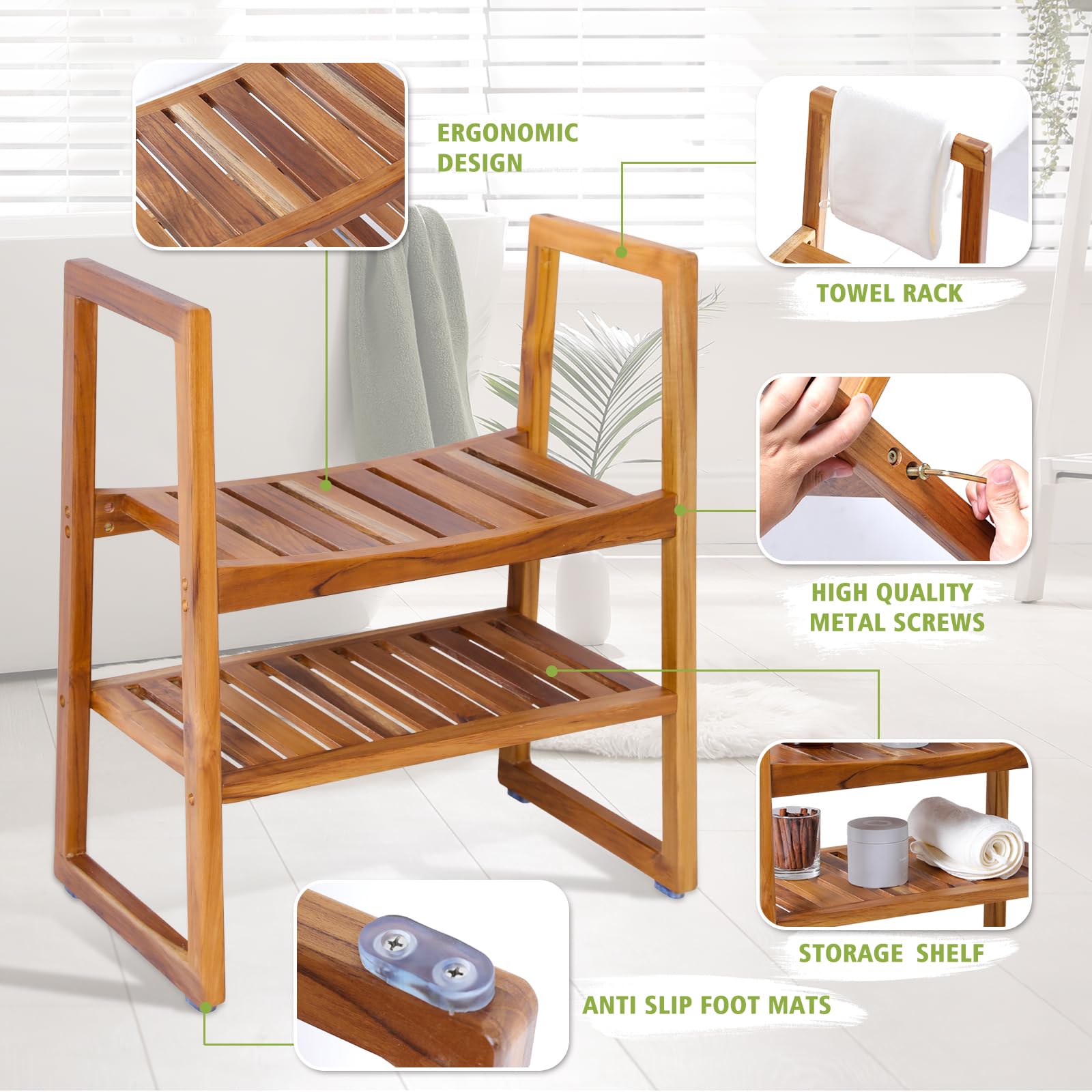 Premium Teak Shower Bench with Arms & 2-Tier Storage Shelf - 21