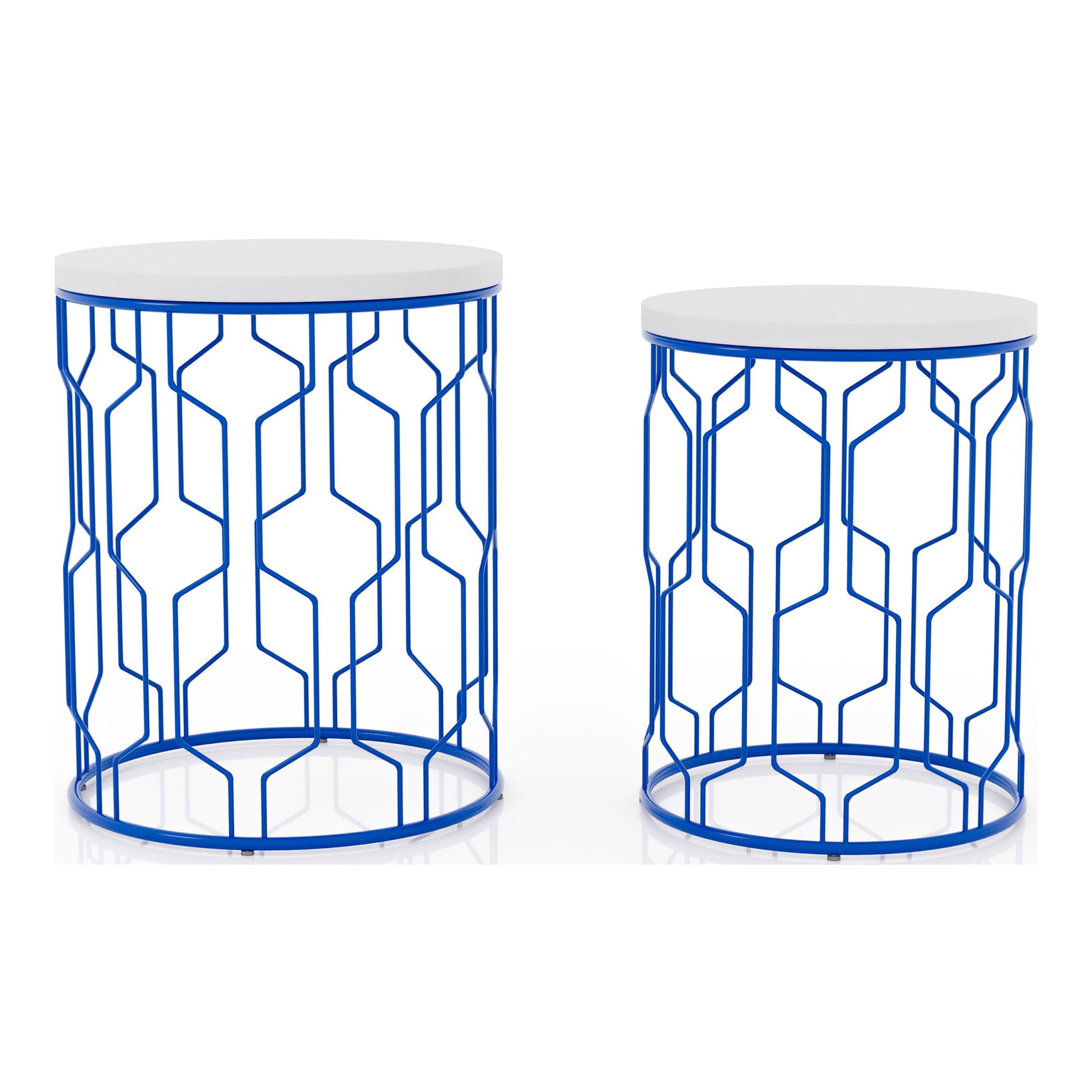 Furniture of America Vereira Metal 2-Piece Nesting Table Set - Blue & White Modern Side Tables for Living Room, Bedroom, or Office Decor
