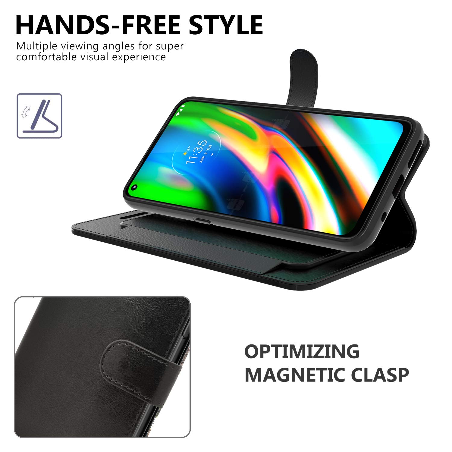Premium Leather RFID Blocking Wallet Case for Motorola Moto G9 Plus - Flip Folio Stand Cover with Card Slots & Cash Pocket (Black) | Perfect for Business Travel, Daily Commute & Hands-Free Viewing