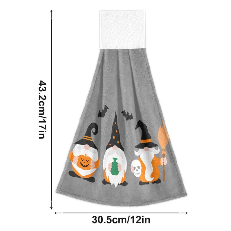 Halloween Gnomes & Bats Hanging Kitchen Towels Set of 2 - Pumpkin Skull Broom Design Absorbent Dish Cloths with Loops for Oven, Stove & Bathroom - Cute Halloween Home Decor for Kitchen, Party & Gift