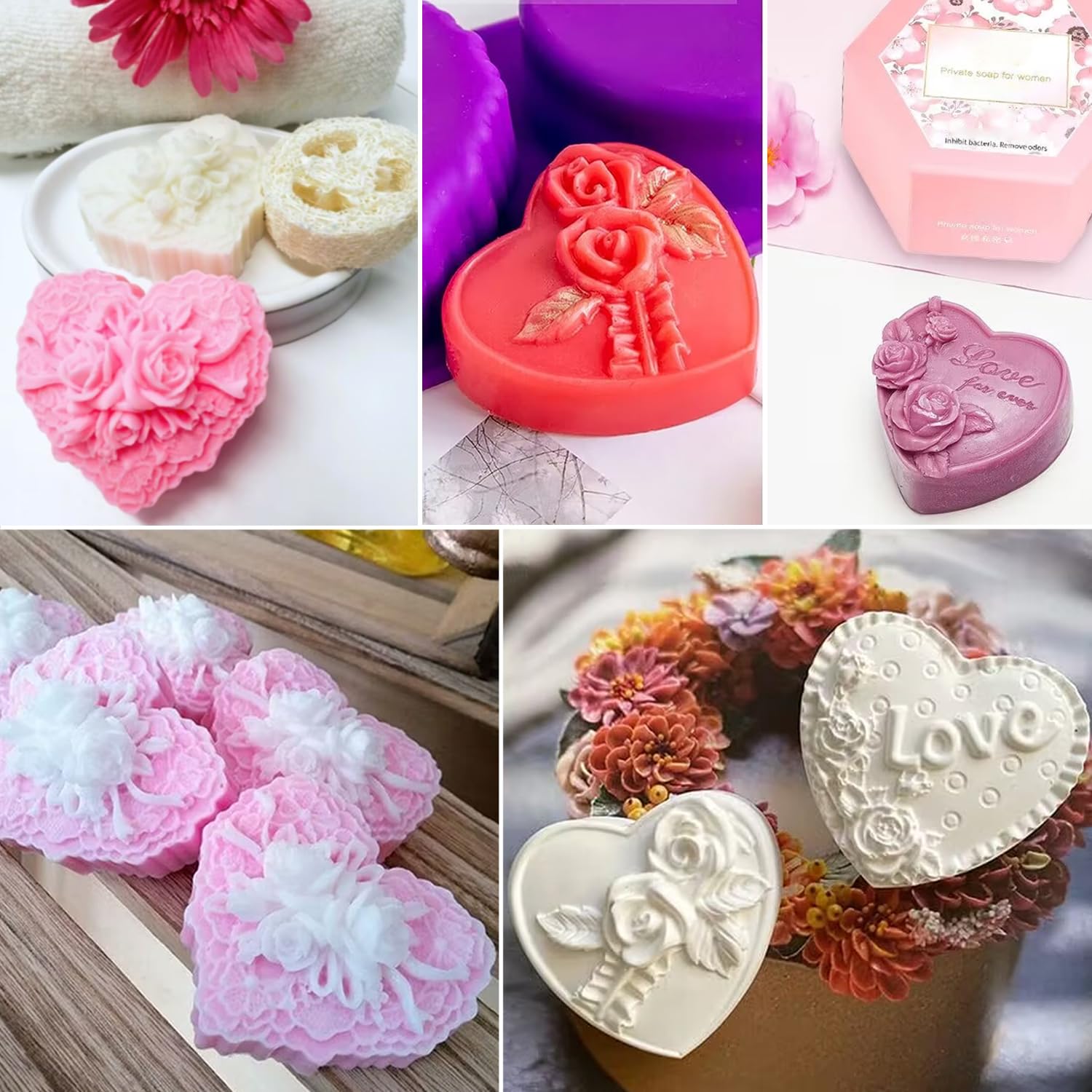 4-Piece 3D Rose Heart Silicone Mold Set for Soap, Candle, Chocolate & Cake Making - Perfect for Valentine's Day, Wedding, Birthday DIY Gifts & Home Decor (Purple)