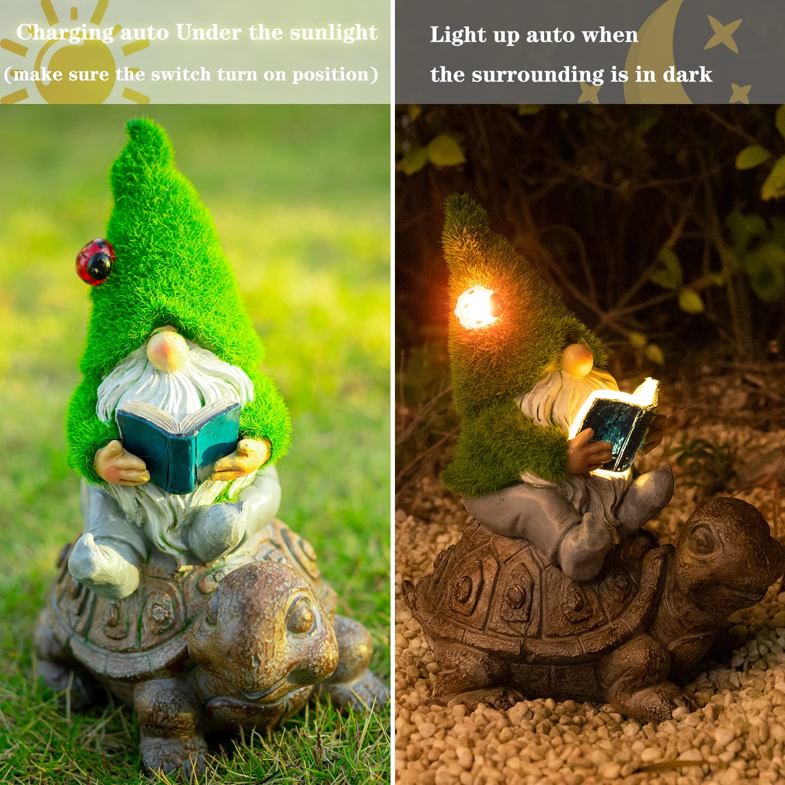 Solar-Powered Garden Gnome Sitting on Turtle Statue - Outdoor Decor with LED Lights for Patio, Yard, Lawn & Porch - Perfect for Fairy Gardens & Landscape Decoration