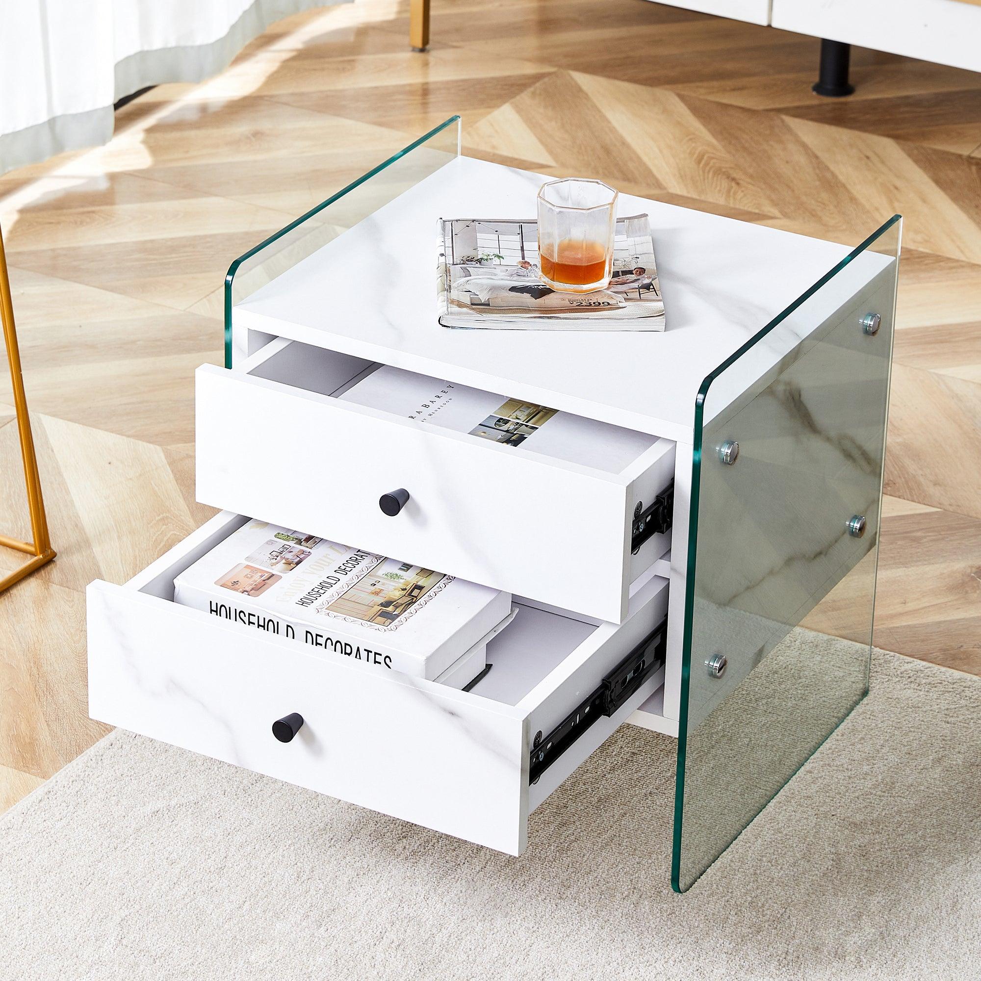 Modern Double Drawer Bedside Table with MDF Sticker Surface & Tempered Glass Sides - Simple Elegant Design, Excellent Storage for Bedroom, Living Room, or Office Use