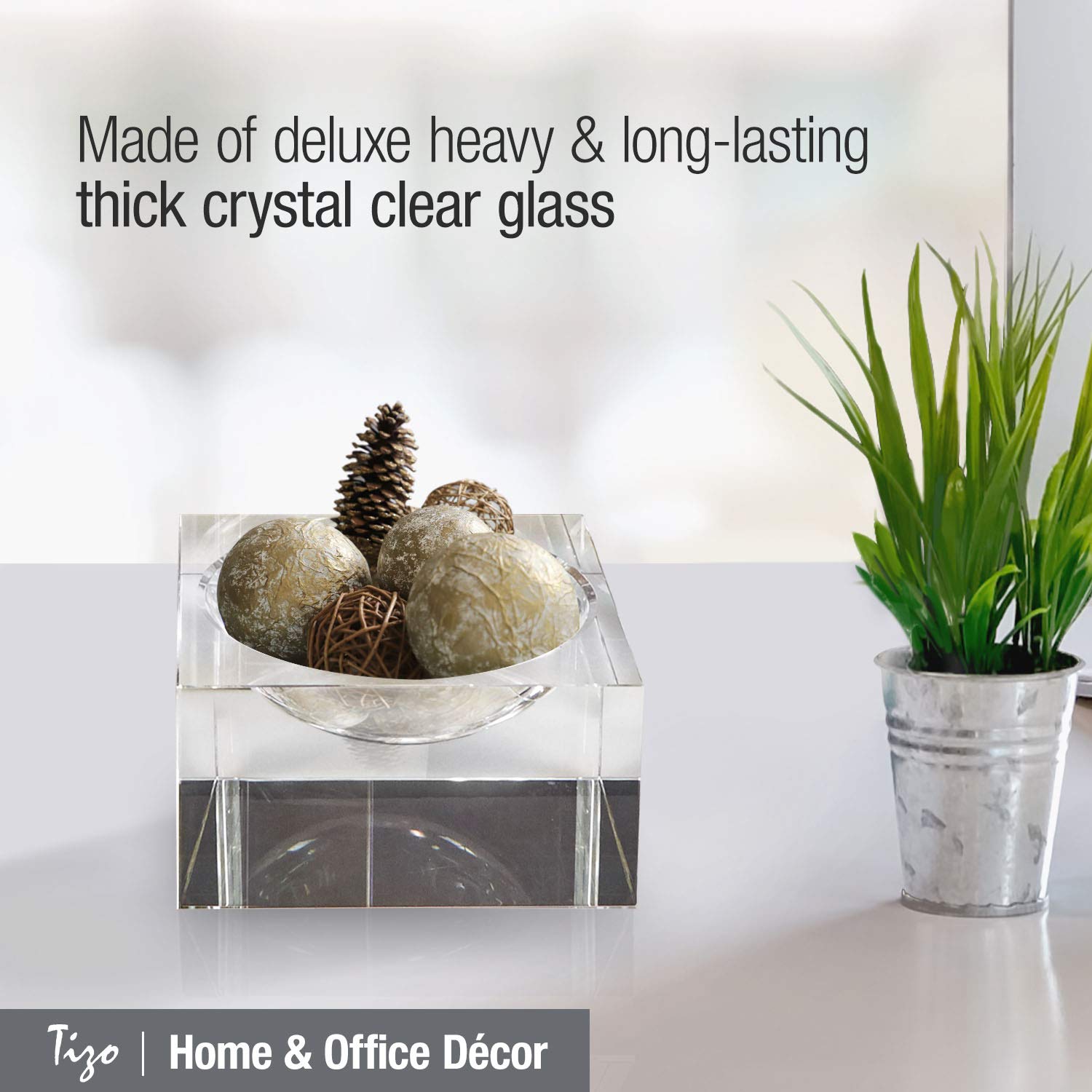 Elegant Clear Crystal Glass Bowl - 8 x 8 x 3.25 Inch Large Designer Centerpiece for Dining Table Decor, Wedding Reception, Party Serving, and Home Decoration
