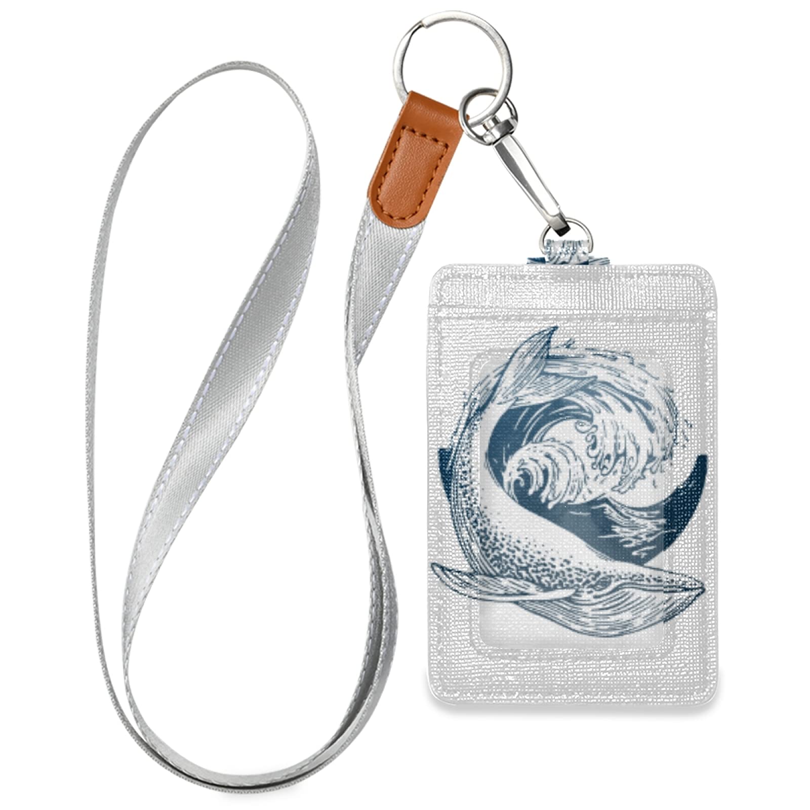 Wave & Whale Vertical Leather ID Badge Holder with Lanyard - Office & School Staff Use