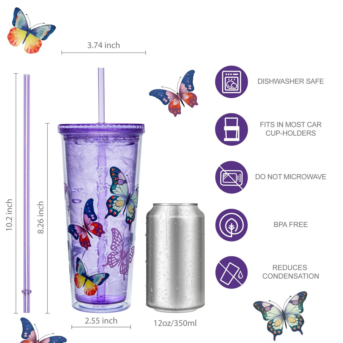 24oz Double Wall Insulated Plastic Tumbler with Lid & Straw - Butterfly Purple | Leak-Proof Travel Mug for Coffee, Tea & Cold Drinks | Office, Gym & Outdoor Use