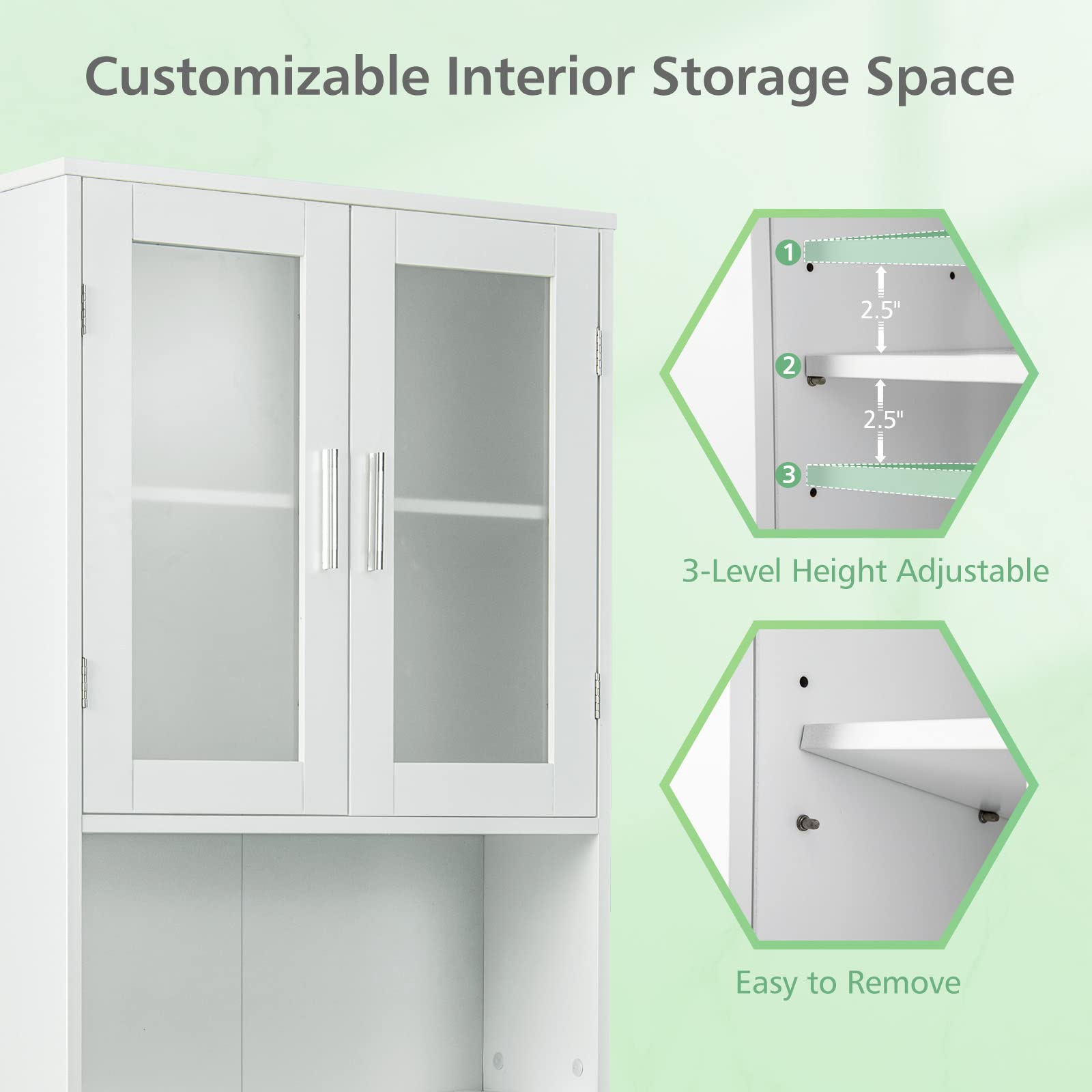 Over The Toilet Storage Cabinet - Bathroom Organizer with Frosted Glass Doors, Adjustable Shelves & Open Compartment - Freestanding Toilet Rack for Washroom, Laundry & Bath Essentials (67