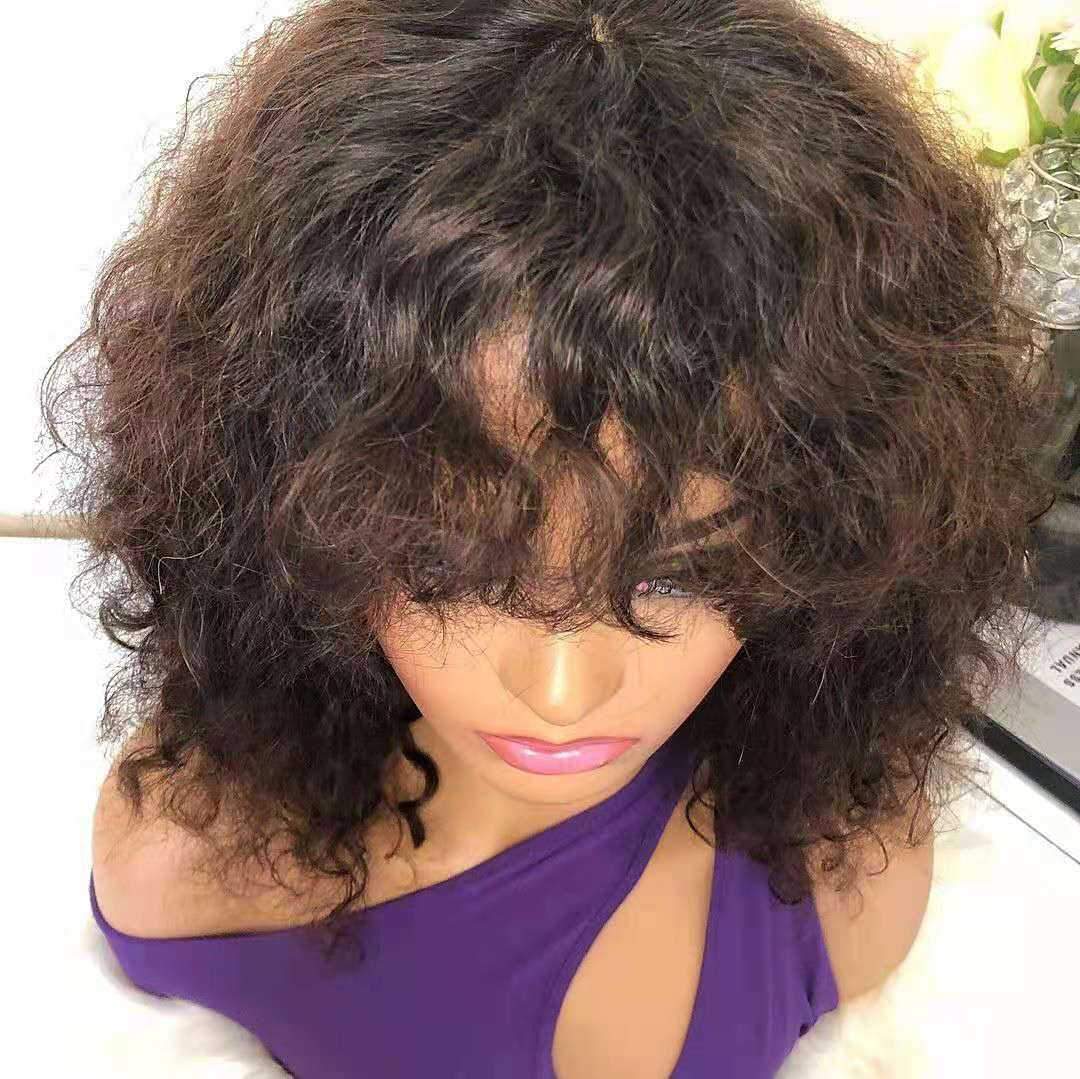 Glueless Curly Bob Human Hair Wig with Bangs - Brazilian Remy Hair 150% Density Deep Wave Wigs for Women | No Lace Scalp Top, Full Machine Made, 10