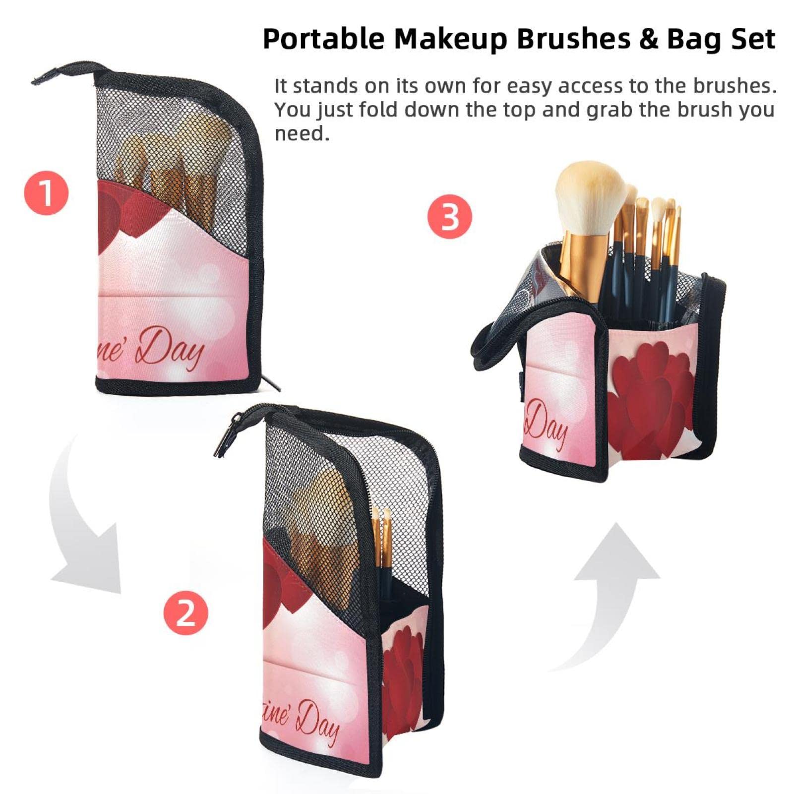 12-Piece Makeup Brush Organizer Bag with Valentine's Day Heart Card - Portable Cosmetic Brush Holder Case for Travel & Home Storage - Perfect Gift for Makeup Lovers & Professionals