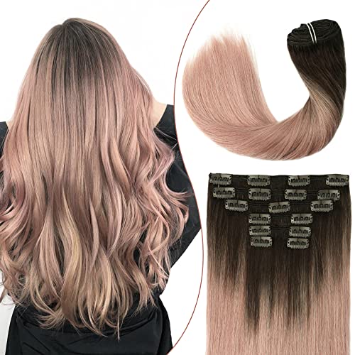 100% Remy Human Hair Extensions Clip in Ombre Dark Brown to Pink Gray - 7pcs 16 Inch Straight Thick Hair Weft (120g) | Natural Looking Hair Extensions for Daily Styling, Parties & Special Occasions
