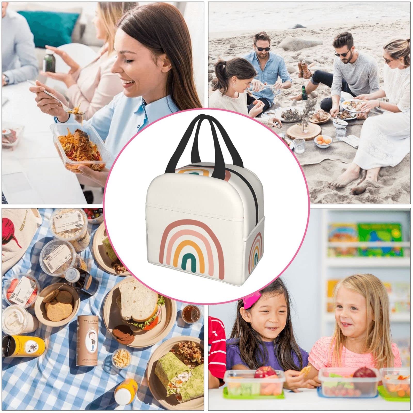 **Eco-Friendly Boho Rainbow Insulated Lunch Box - Reusable Lunch Bag for Women & Men, Perfect for Office, School, Camping, Hiking, Picnic & Beach Travel - Leakproof & Durable Lunch Tote for Work, Outdoor Adventures & Daily Use**