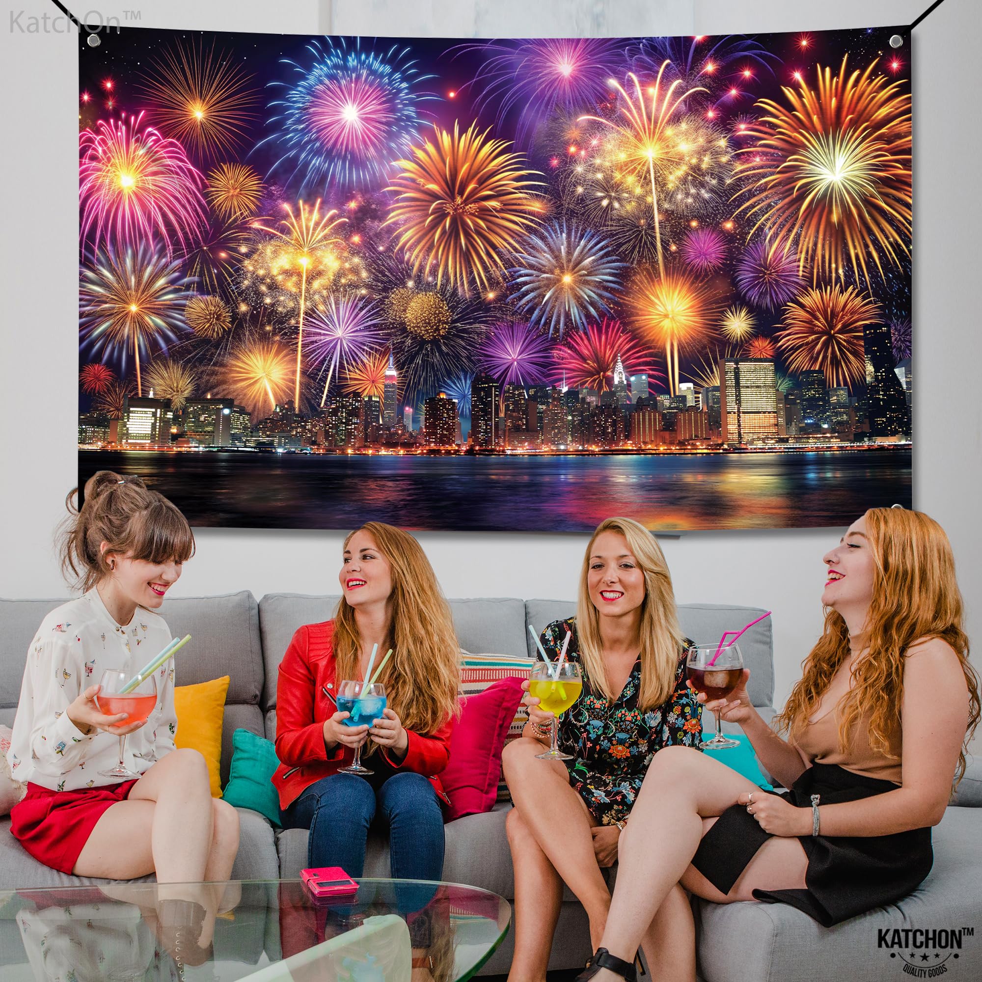 KatchOn Extra Large Happy New Year Banner - 72x44 Inch NYE Party Backdrop | 2025 New Year's Eve Decorations for Home & Office | Giant Festive Banner for New Year's Party Supplies, Photo Booth & Celebrations