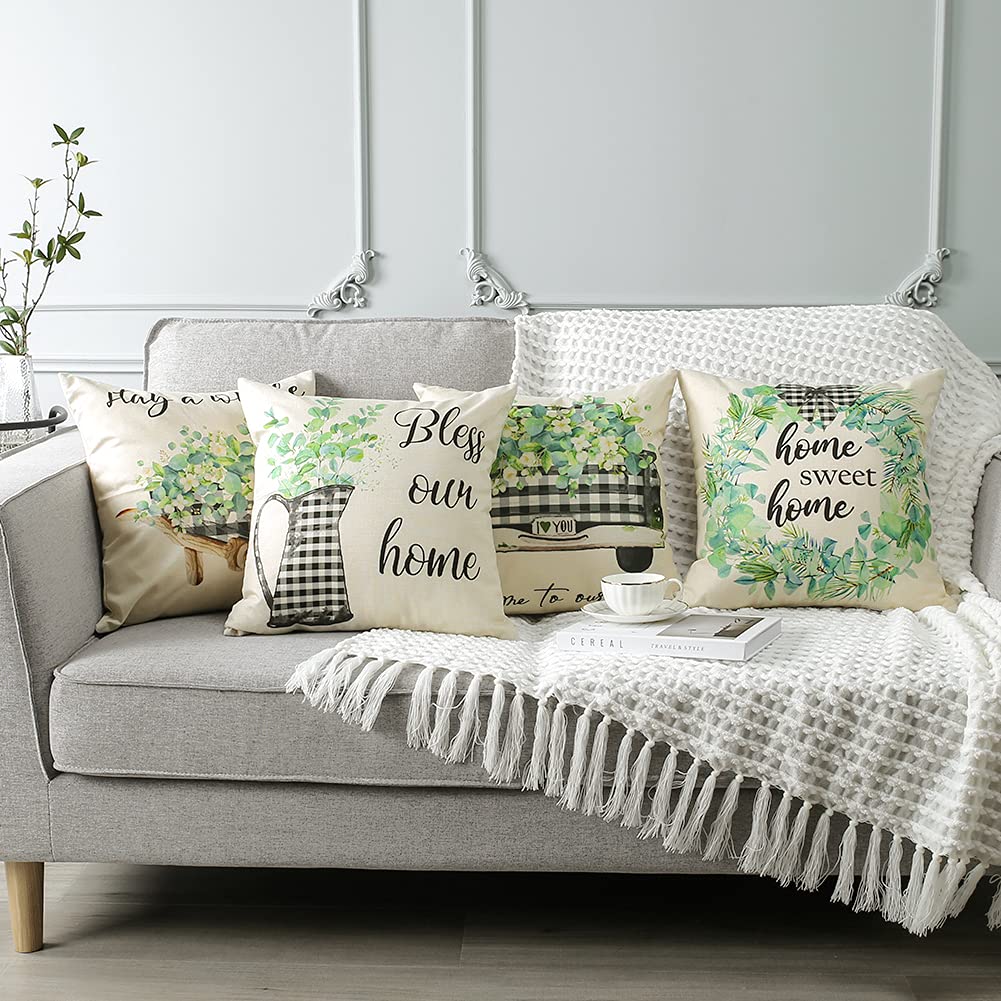 OTOSTAR Waterproof Outdoor Throw Pillow Covers - Pack of 4 (18x18 Inch) - Decorative Leaf Pattern Cushion Cases for Patio, Garden, Couch & Home Decor - Perfect for Spring, Summer & Holiday Seasons - Eucalyptus Design