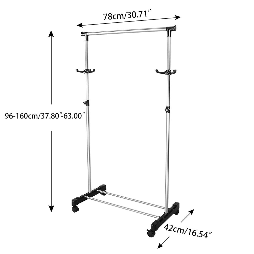BAOYOUNI Adjustable Rolling Coat Rack with Wheels - Heavy Duty Metal Garment Rack for Clothes, Hats, Purses & Accessories - Mobile Clothing Organizer & Display Stand (Black) - Perfect for Retail Stores, Boutiques, Bedrooms & Closet Organization