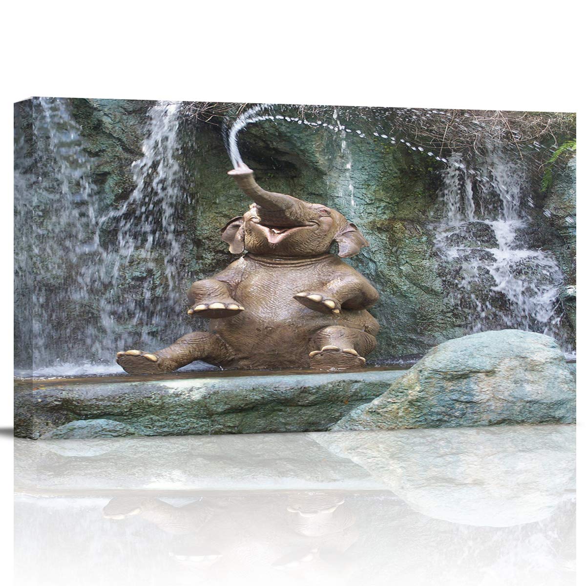 Gogobebe Elephant Playing Water Canvas Wall Art - 20x40 Inch Framed Oil Painting Print, Ready to Hang for Living Room, Bedroom & Office Decor - Perfect for Nursery, Kids Room & Modern Home Wall Decoration