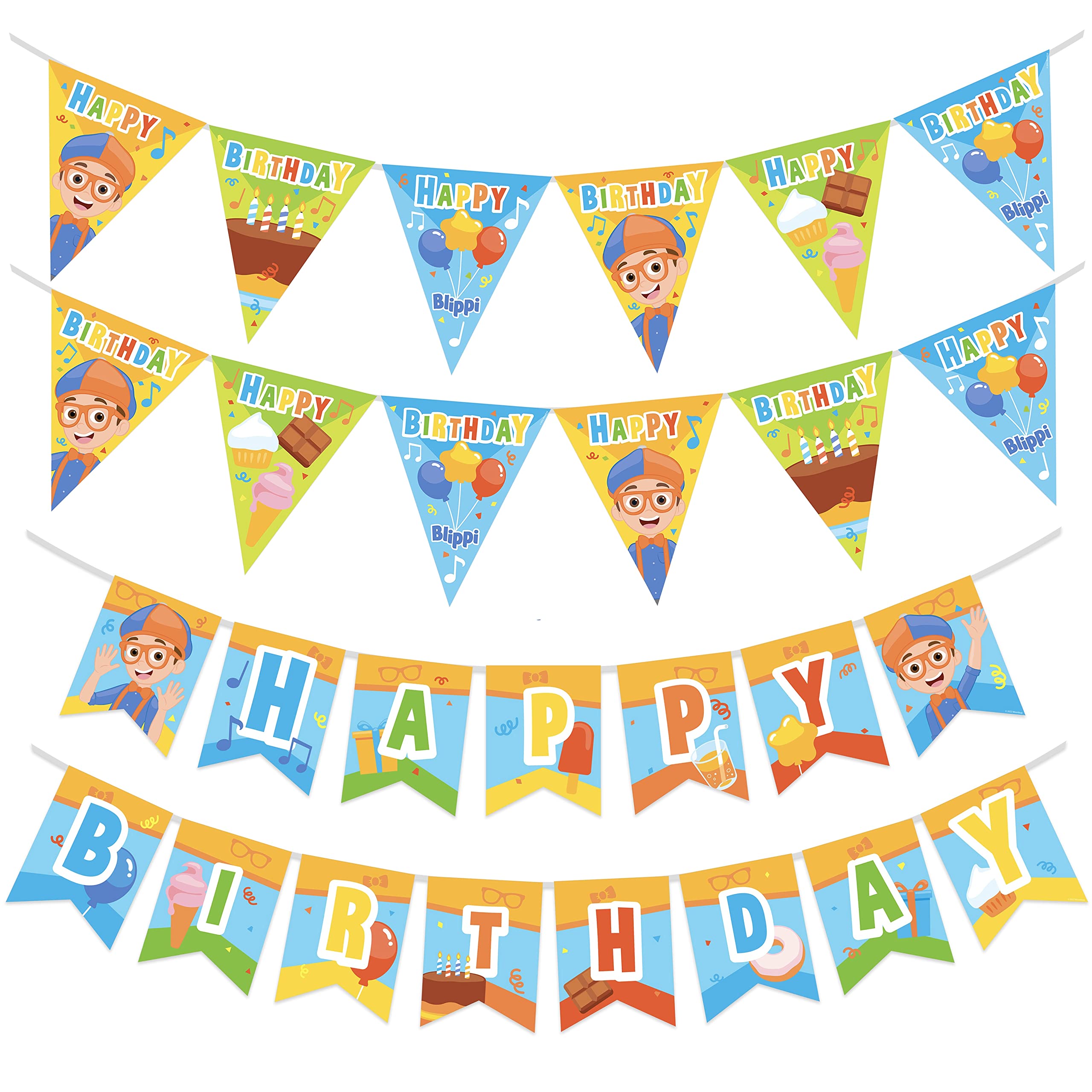 Officially Licensed Blippi Birthday Party Decorations - Set of 3 Banners (1 Main Banner + 2 Happy Birthday Pennants) for Kids' Birthday Celebrations & Themed Parties - Perfect for Blippi Fans, Classroom Events & Children's Party Decor