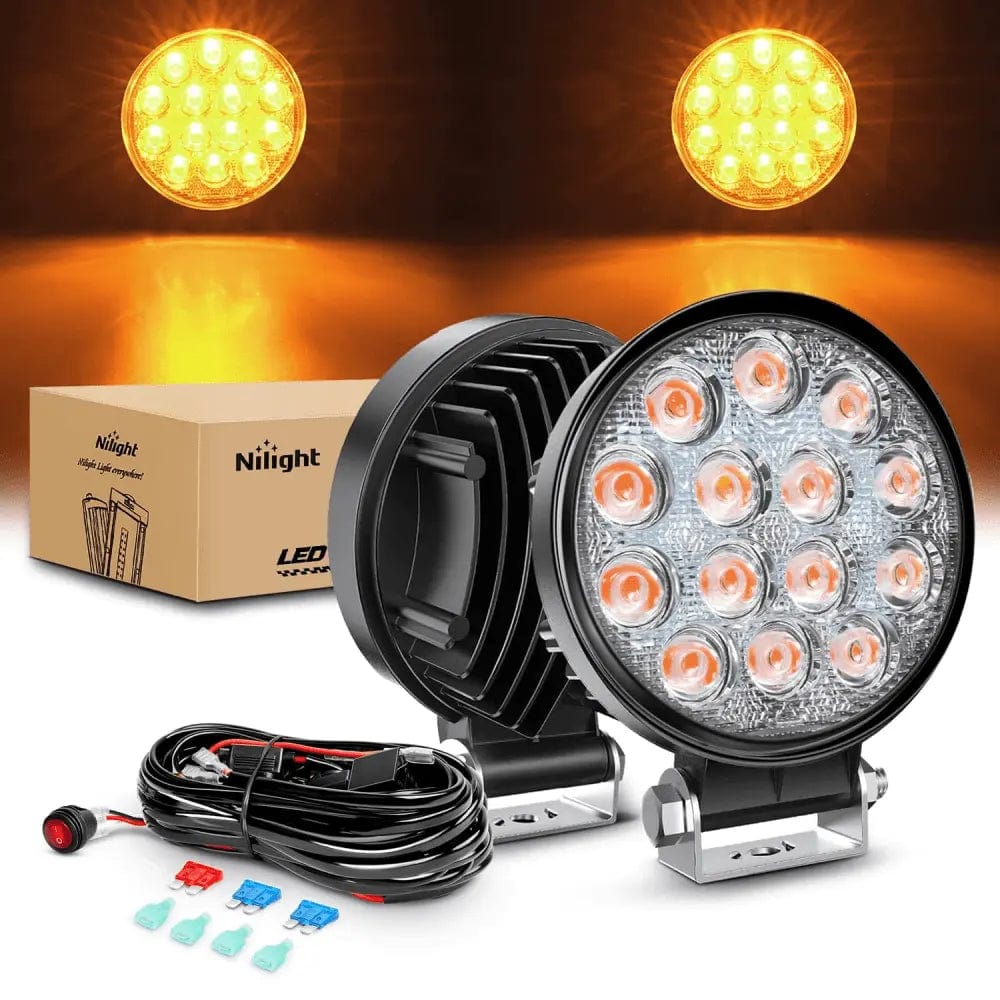 4.5 Inch 42W 4200LM Amber Round LED Flood Work Lights (Pair) - 16AWG Wire & 3Pin Switch - Perfect for Off-Road Vehicles, Emergency Lighting, and Construction Sites