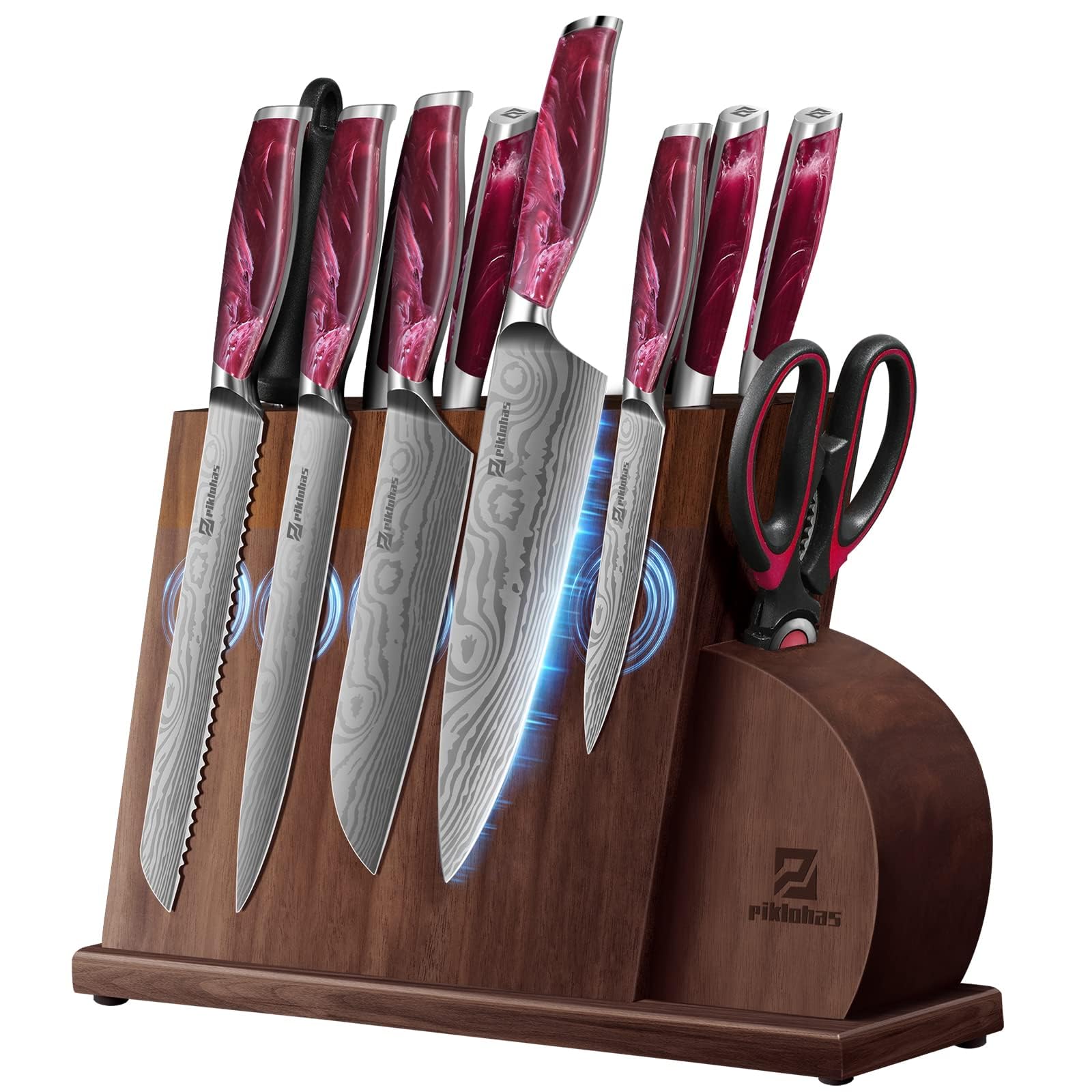 14-Piece German Stainless Steel Damascus Knife Set with Magnetic Holder - Ultra Sharp Kitchen Knives for Professional Chefs & Home Cooking - Red Flowing Cloud Design for Elegant Kitchen Decor (Perfect for Meat Cutting, Vegetable Chopping & Food Prep)
