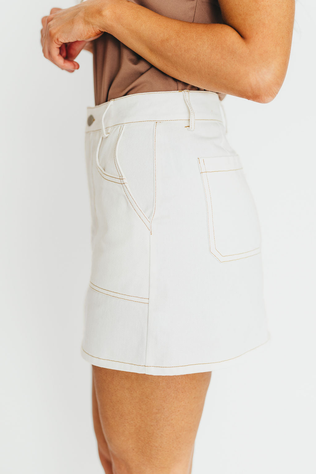 Rosalyn Mini Skirt in Ecru - Women's High Waisted Stretch Denim Short Skirt for Summer | Perfect for Casual Outings, Beach Vacations & Date Nights
