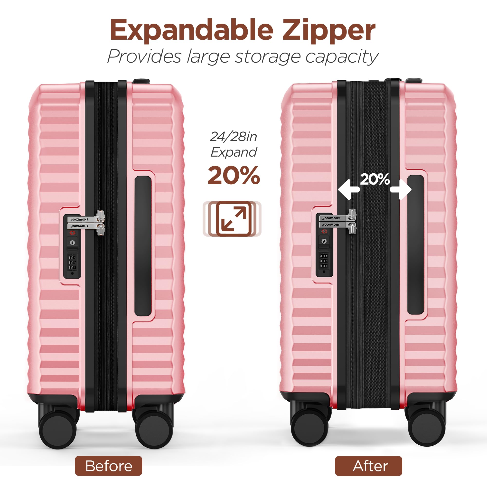 SHOWKOO 3-Piece Hardside Expandable Luggage Set with Double Spinner Wheels & TSA Lock - Pink (20/24/28 Inch) - Perfect for Family Travel, Business Trips, and International Vacations