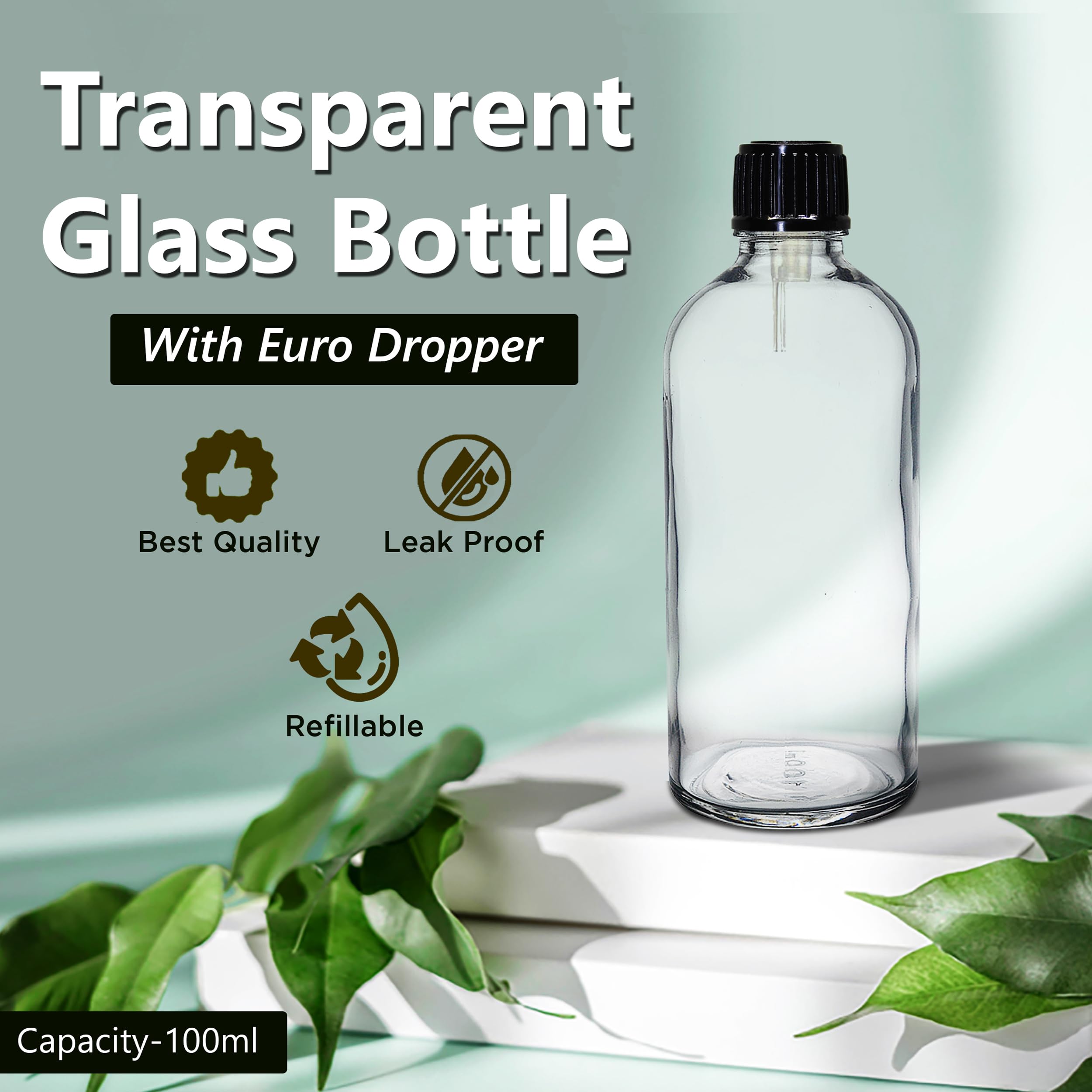 NSB Herbals 100ml Clear Round Empty Glass Bottle with Euro Dropper & Black Cap - Refillable, Leak Proof for Essential Oils, DIY Perfumes, Aromatherapy (Pack of 3) - Perfect for Home, Travel & Gift Packaging