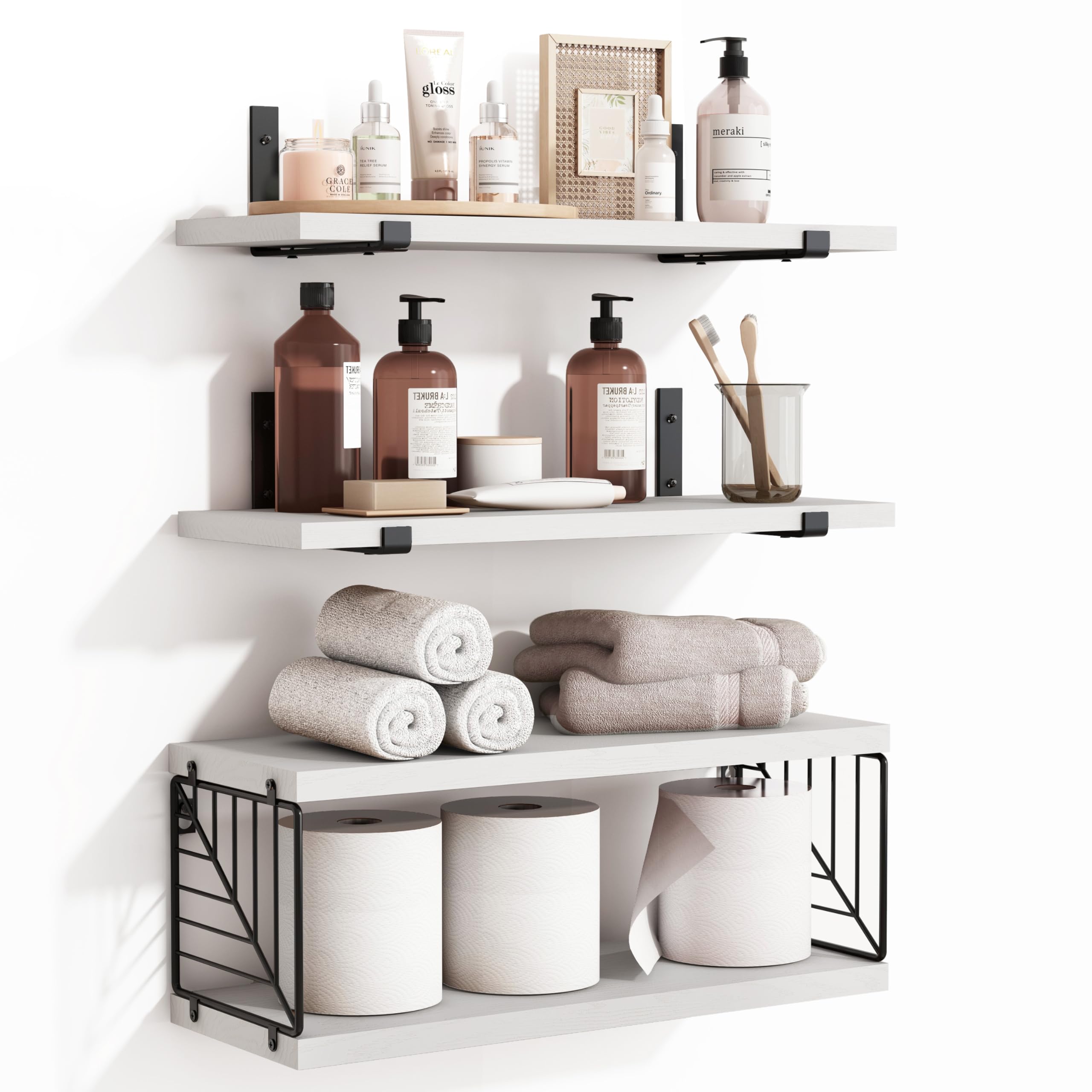 Fixwal 3-Tier Bathroom Floating Shelves Over Toilet - 15.8 Inch Rustic Farmhouse Wood Wall Shelves for Bathroom Storage - Perfect for Living Room, Bedroom & Kitchen Decor (White) - Ideal for Small Space Organization & Home Décor