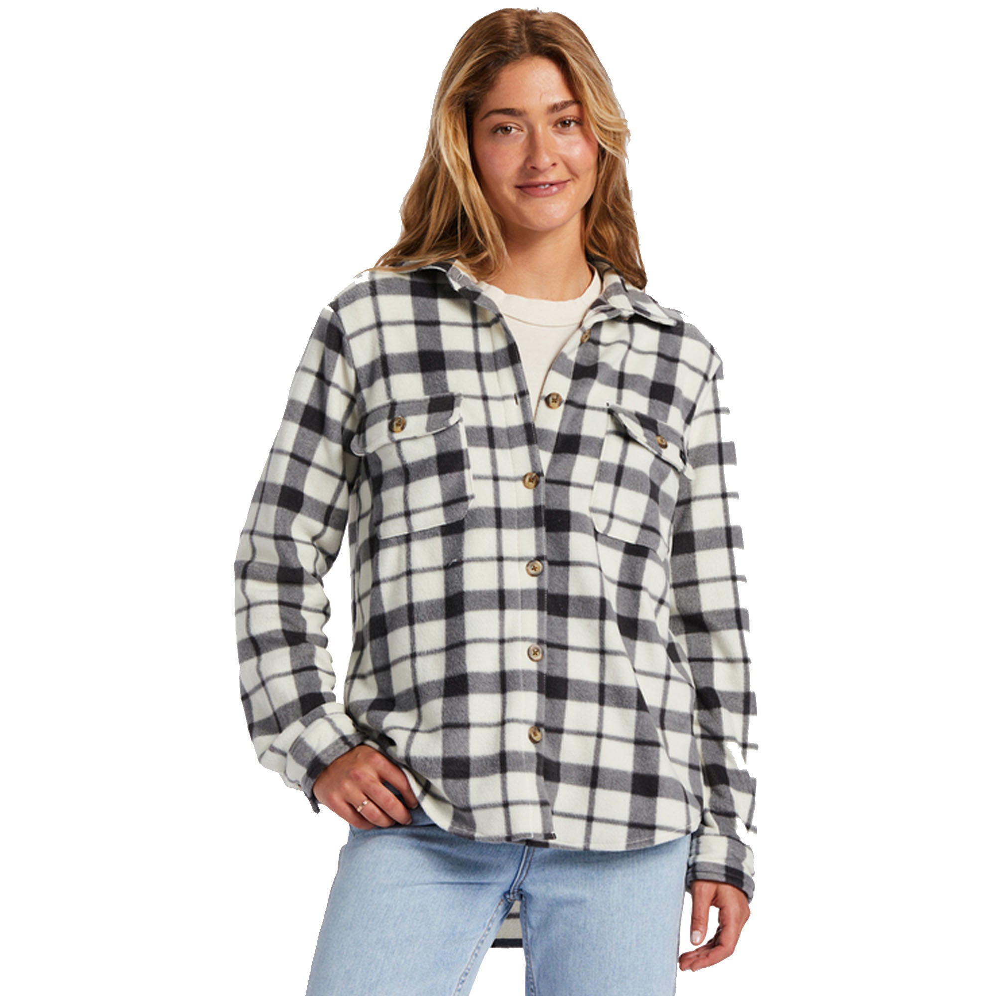 Billabong A/Div Forge Fleece Women's Long Sleeve Flannel Shacket - White & Black Plaid - Cozy Winter Layering for Outdoor Activities & Casual Wear