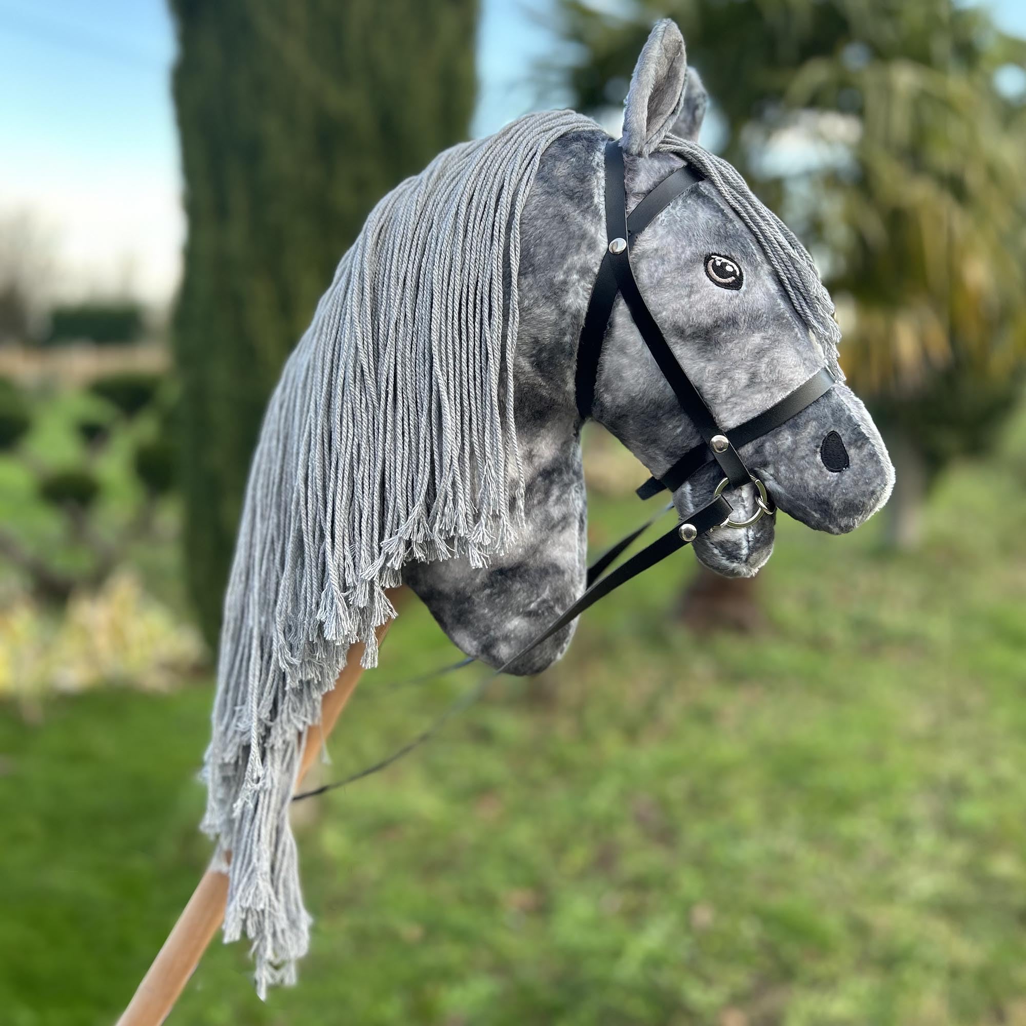 Blue Stick Horse with Reins, Halter, Lunge Line & Bonnet - Realistic Hobby Horse Toy for Kids Pretend Play, Birthday Gifts & Outdoor Activities