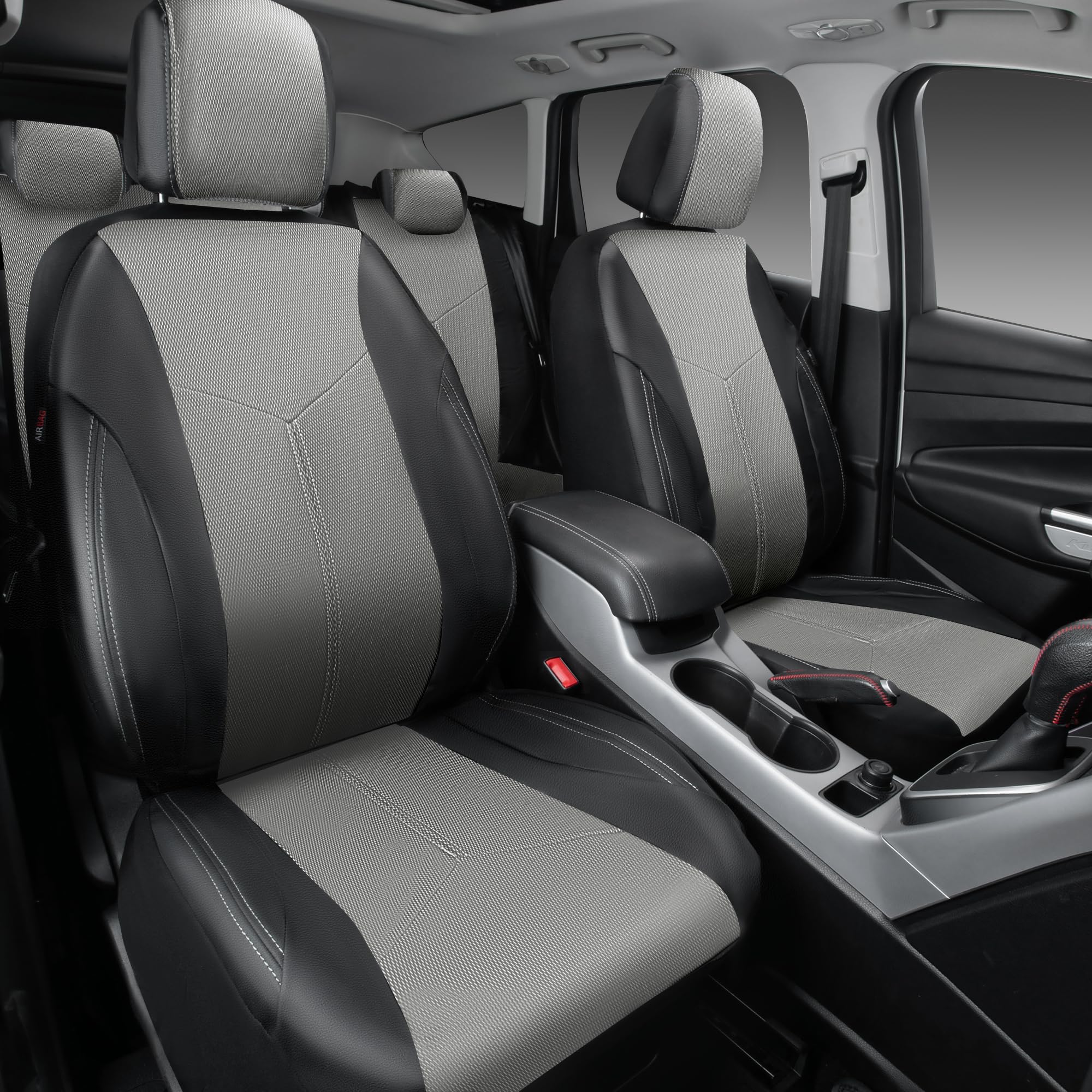 Premium Universal Fit CAR PASS Faux Leather & Air Mesh Car Seat Covers Full Set - Light Gray, Airbag Compatible, 3-Zipper Rear Armrest - Perfect for SUVs, Sedans & Trucks - Enhances Comfort & Protects Seats from Wear