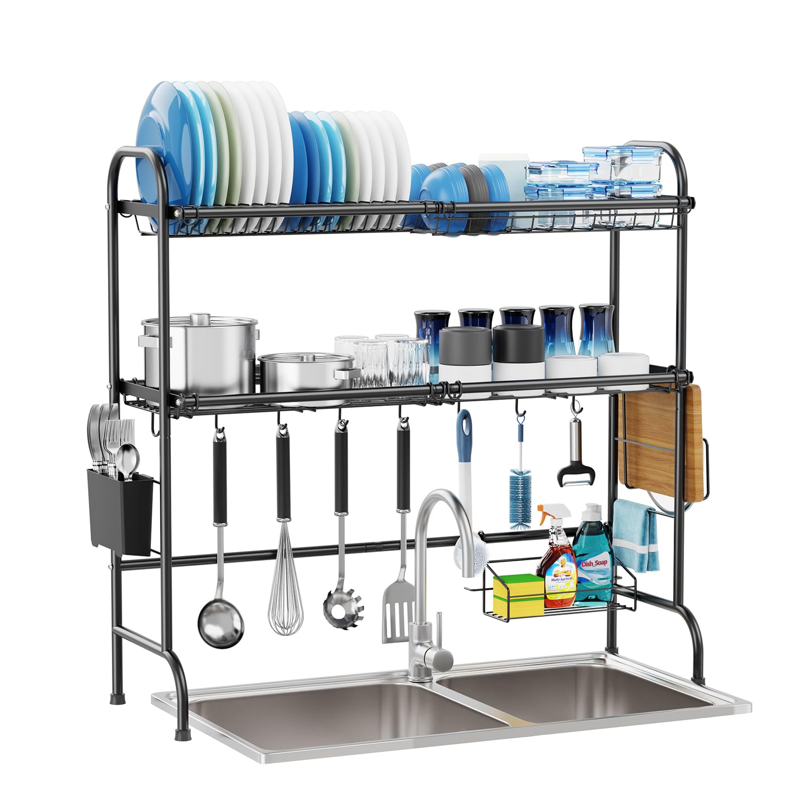 GSlife Stainless Steel Over The Sink Dish Drying Rack - 2 Tier Space Saving Dish Drainer with Utensil Holder & Cutting Board Storage | Perfect for Small Kitchens, Apartments & RV Use (Black)