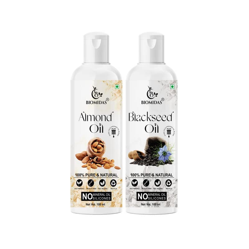 Biomidas 100% Pure Almond Oil & Black Seed Oil Combo (100ML Each) - Promotes Rapid Hair Growth, Reduces Hair Fall & Split Ends for Softer, Shinier Hair - Perfect for Daily Hair Care & Scalp Massage (Pack of 2)