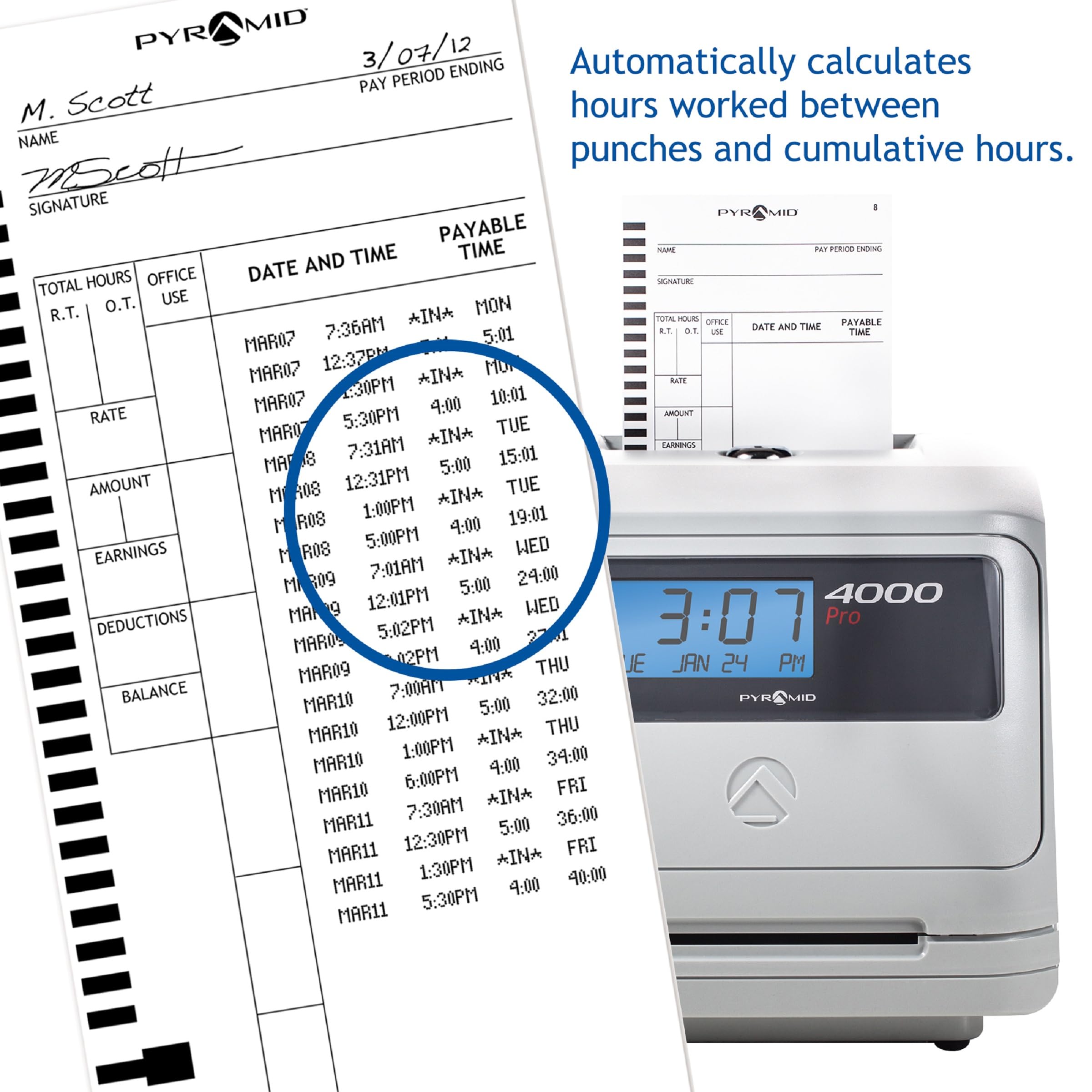 Pyramid Time Systems Model 4000 Pro Auto Totaling Time Clock (4000PROK) - Small Business Bundle with 125 Time Cards, 2 Ink Ribbons, 10-Card Rack & Security Keys | Ideal for Employee Attendance Tracking, Payroll Management & Workforce Timekeeping