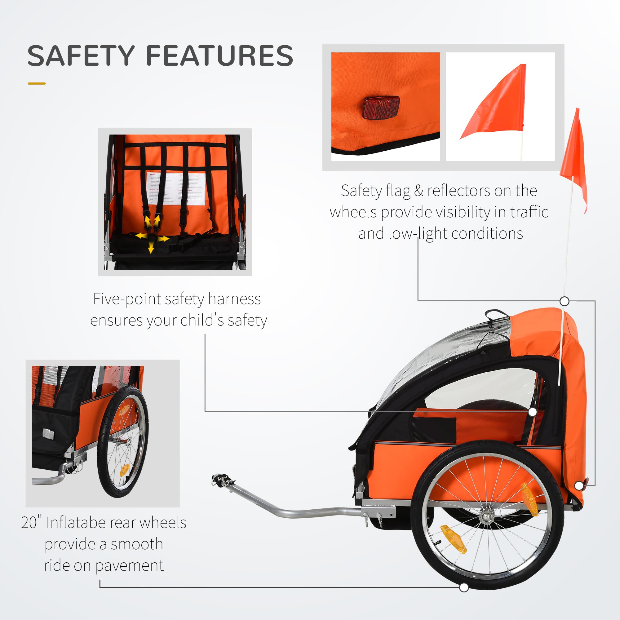Aosom Heavy Duty Double Bike Trailer for Kids & Toddlers - Steel Frame Bicycle Cargo Carrier with 5-Point Safety Harness, Weatherproof Cover, Reflective Stripes & Safety Flag - Perfect for Family Cycling, Grocery Trips & Outdoor Adventures